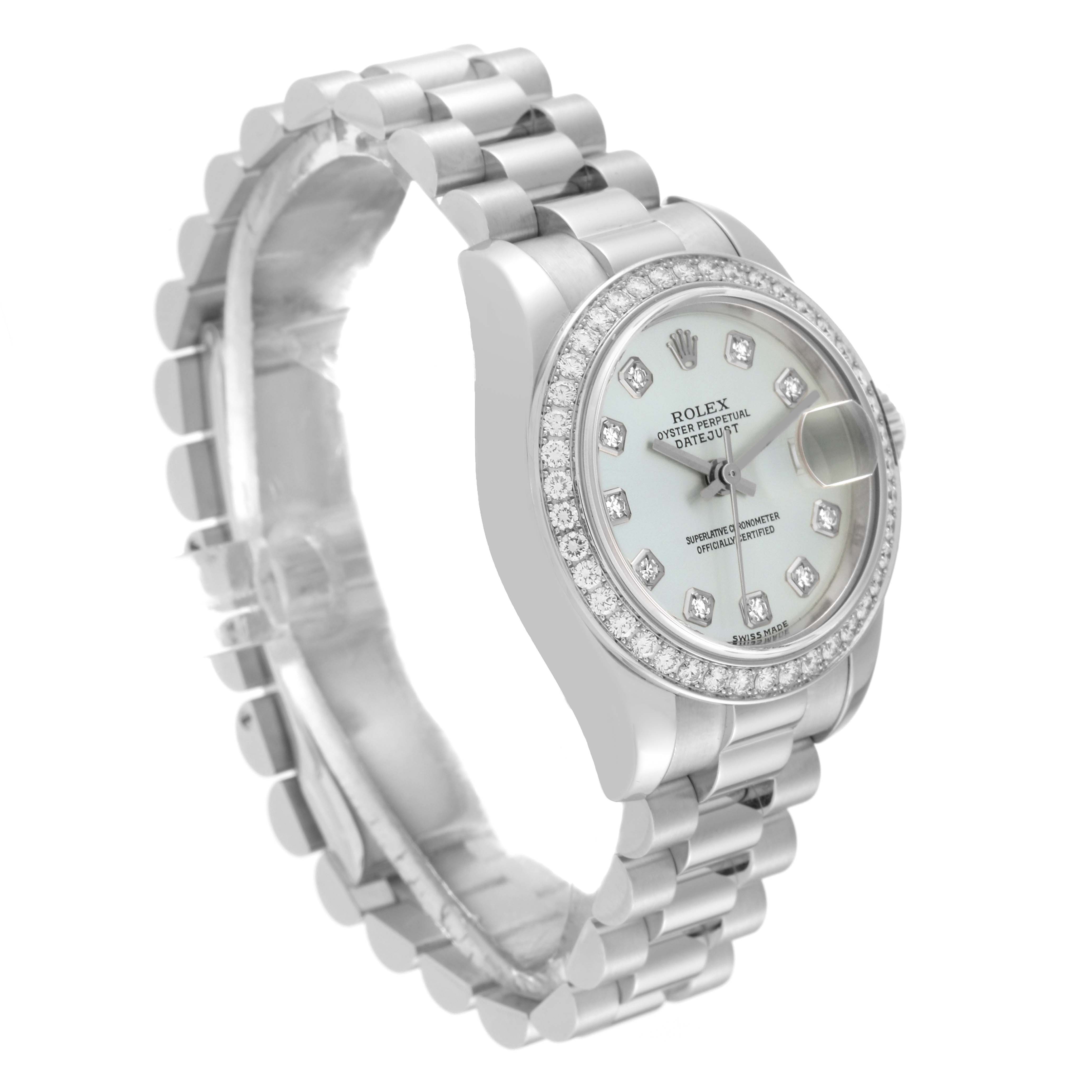 This image shows a side angle of the Rolex President 179136 Women's Platinum Silver Dial 179136 Women's Platinum Silver Dial model watch, highlighting its band, bezel, and dial.
