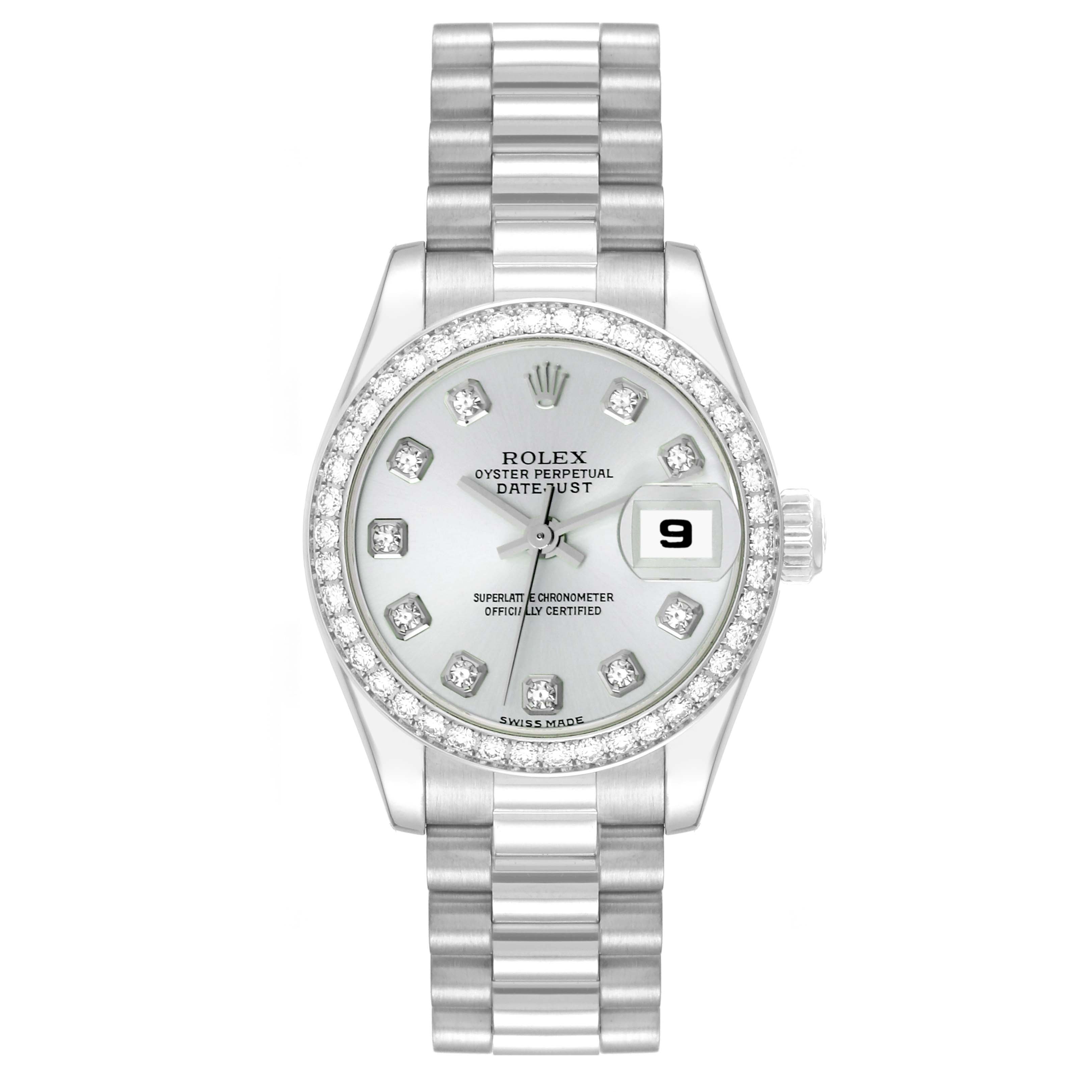 The Rolex President 179136 Women's Platinum Silver Dial 179136 Women's Platinum Silver Dial model is shown from the front, displaying the face with diamond markers, date, and part of the bracelet.