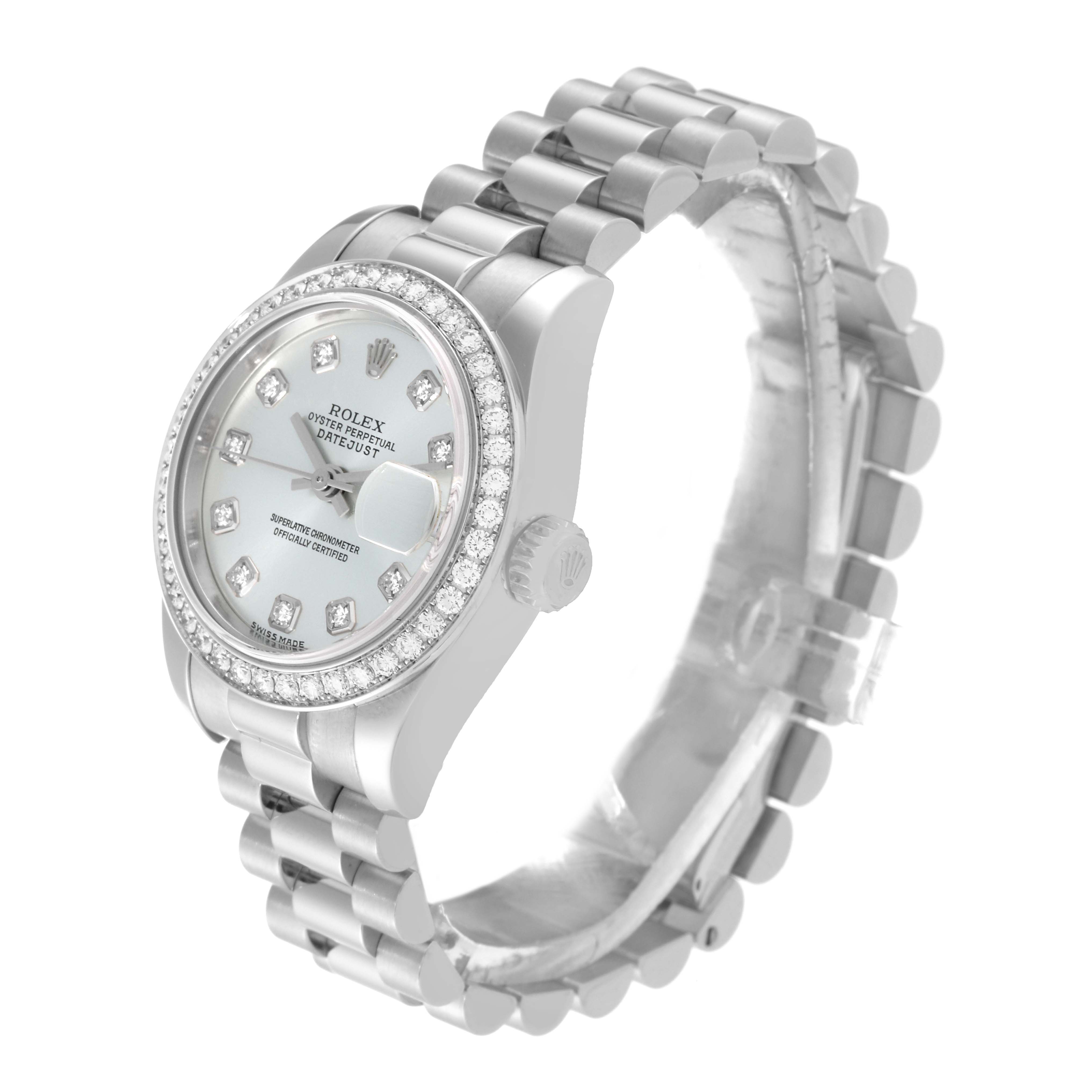 The image shows the Rolex President 179136 Women's Platinum Silver Dial 179136 Women's Platinum Silver Dial model watch from an angle showcasing its diamond-encrusted bezel, dial, and bracelet.