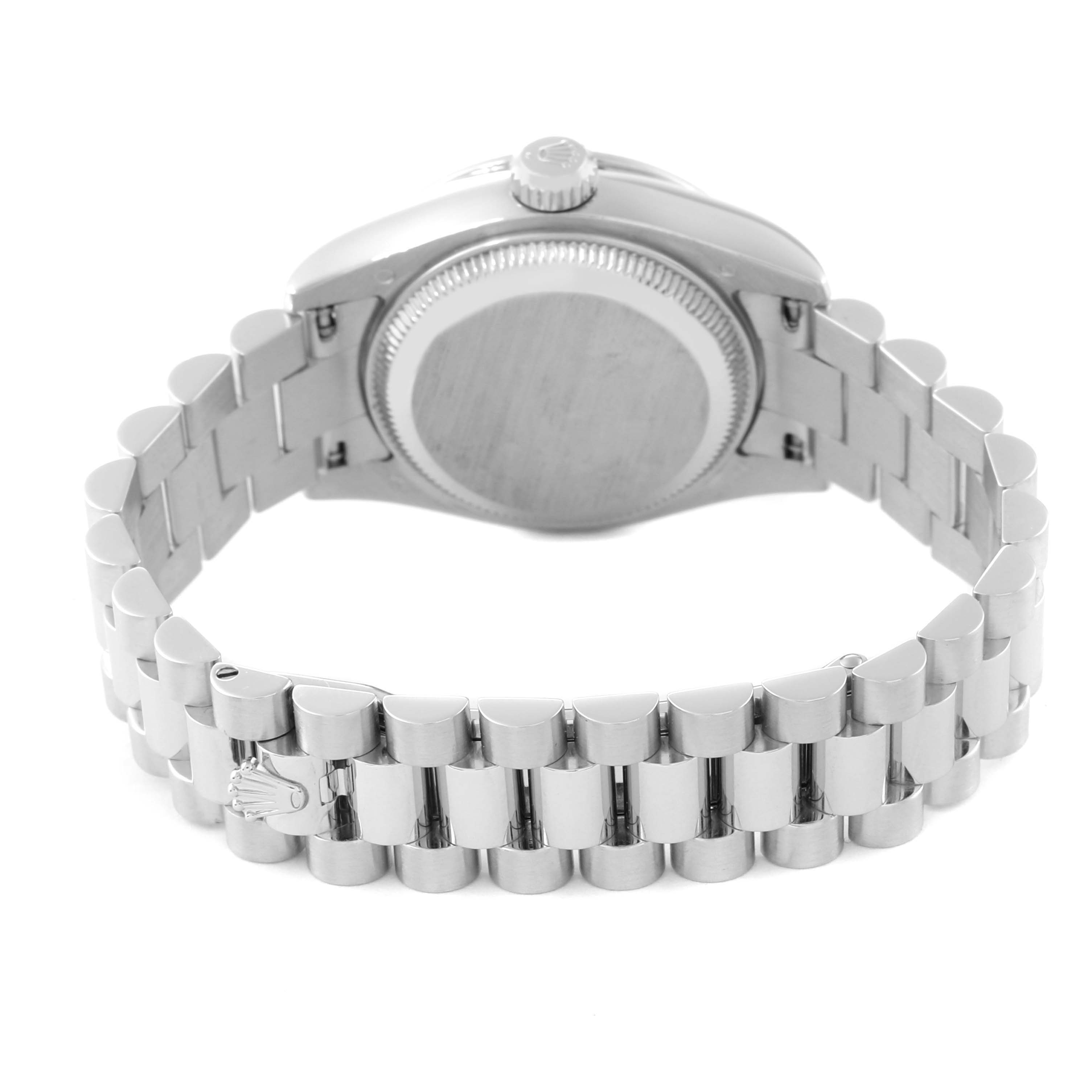 The image shows the back case and bracelet of a Rolex President 179136 Women's Platinum Silver Dial 179136 Women's Platinum Silver Dial model watch, viewed from the rear angle.