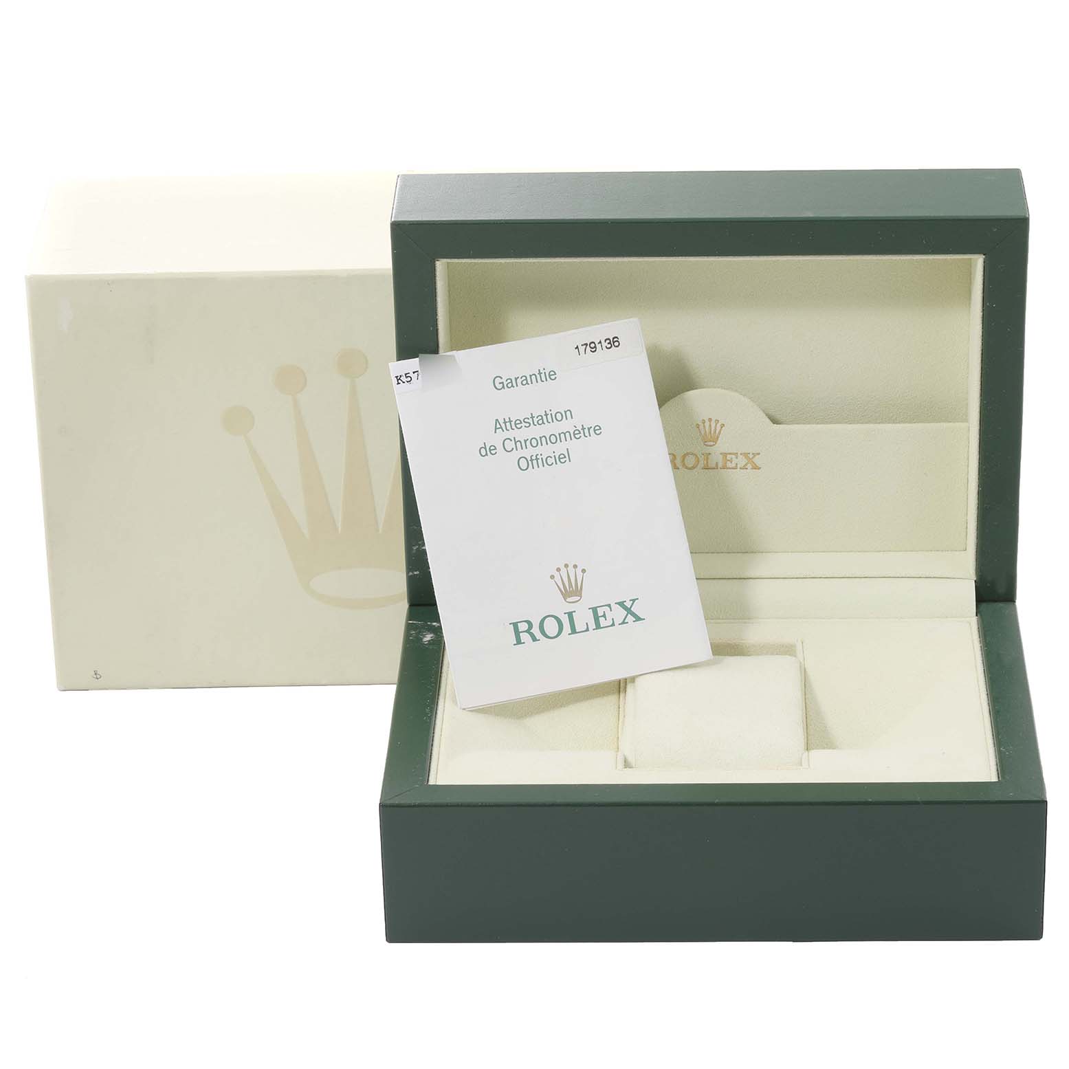 The image shows an open Rolex President 179136 Women's Platinum Silver Dial 179136 Women's Platinum Silver Dial watch box and its certification card placed inside it.
