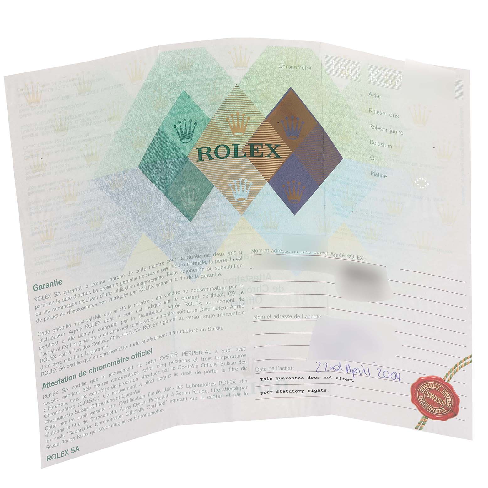 This image shows the warranty certificate for a Rolex President 179136 Women's Platinum Silver Dial 179136 Women's Platinum Silver Dial model watch.
