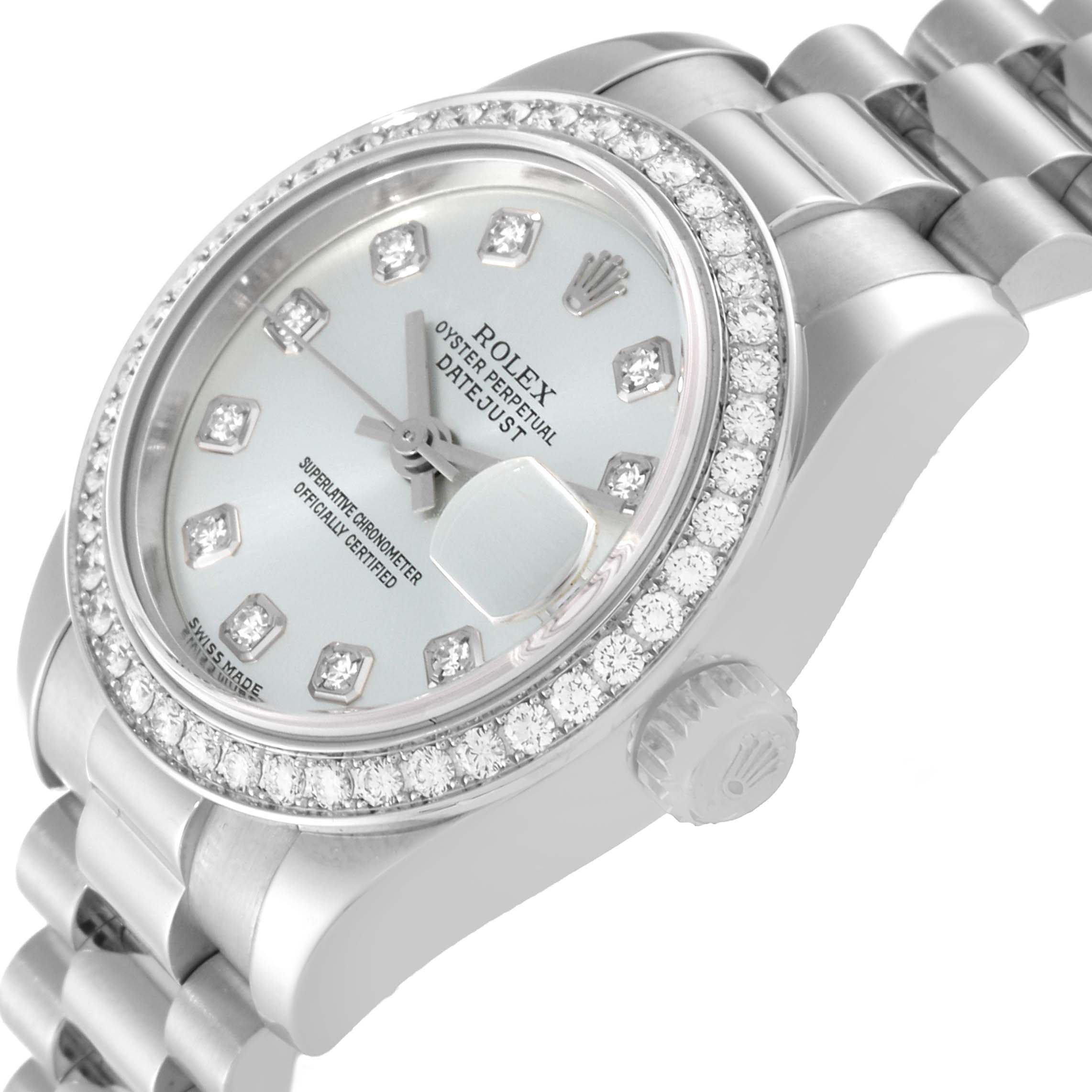 The image shows a steel Rolex President 179136 Women's Platinum Silver Dial 179136 Women's Platinum Silver Dial model Datejust watch at a three-quarter angle featuring a diamond bezel and bracelet.