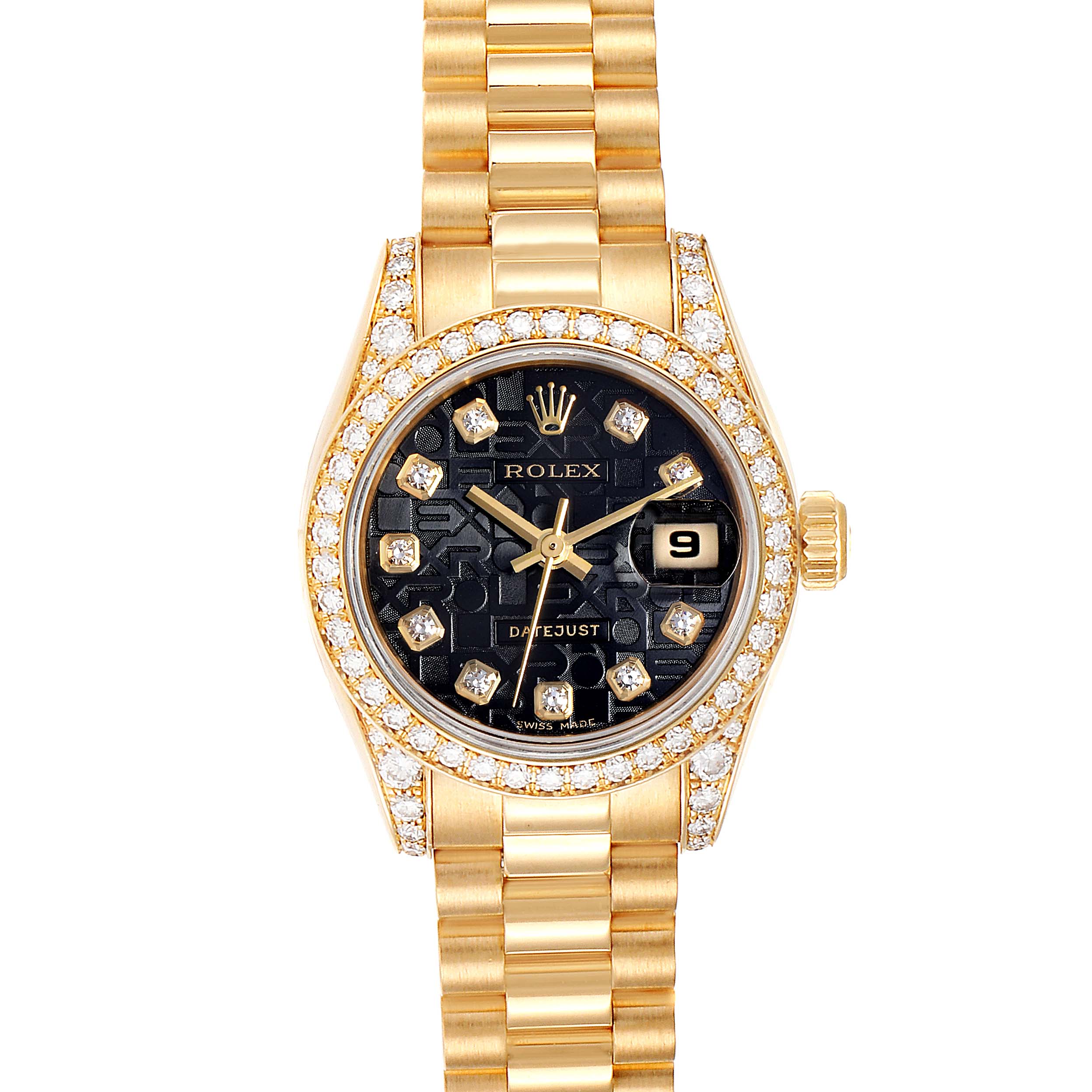 This is a frontal view of the Rolex President 179158 Women's Yellow Gold Black Dial 179158 Women's Yellow Gold Black Dial model watch showing the dial, bezel, bracelet, and date function.
