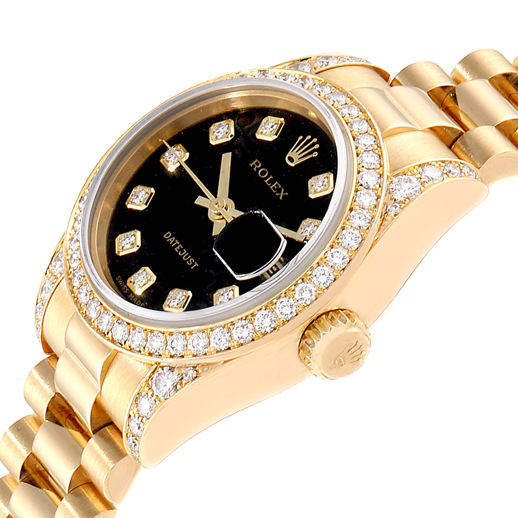 The image shows a close-up side angle of the Rolex President 179158 Women's Yellow Gold Black Dial 179158 Women's Yellow Gold Black Dial model watch, featuring a gold case and diamond bezel.