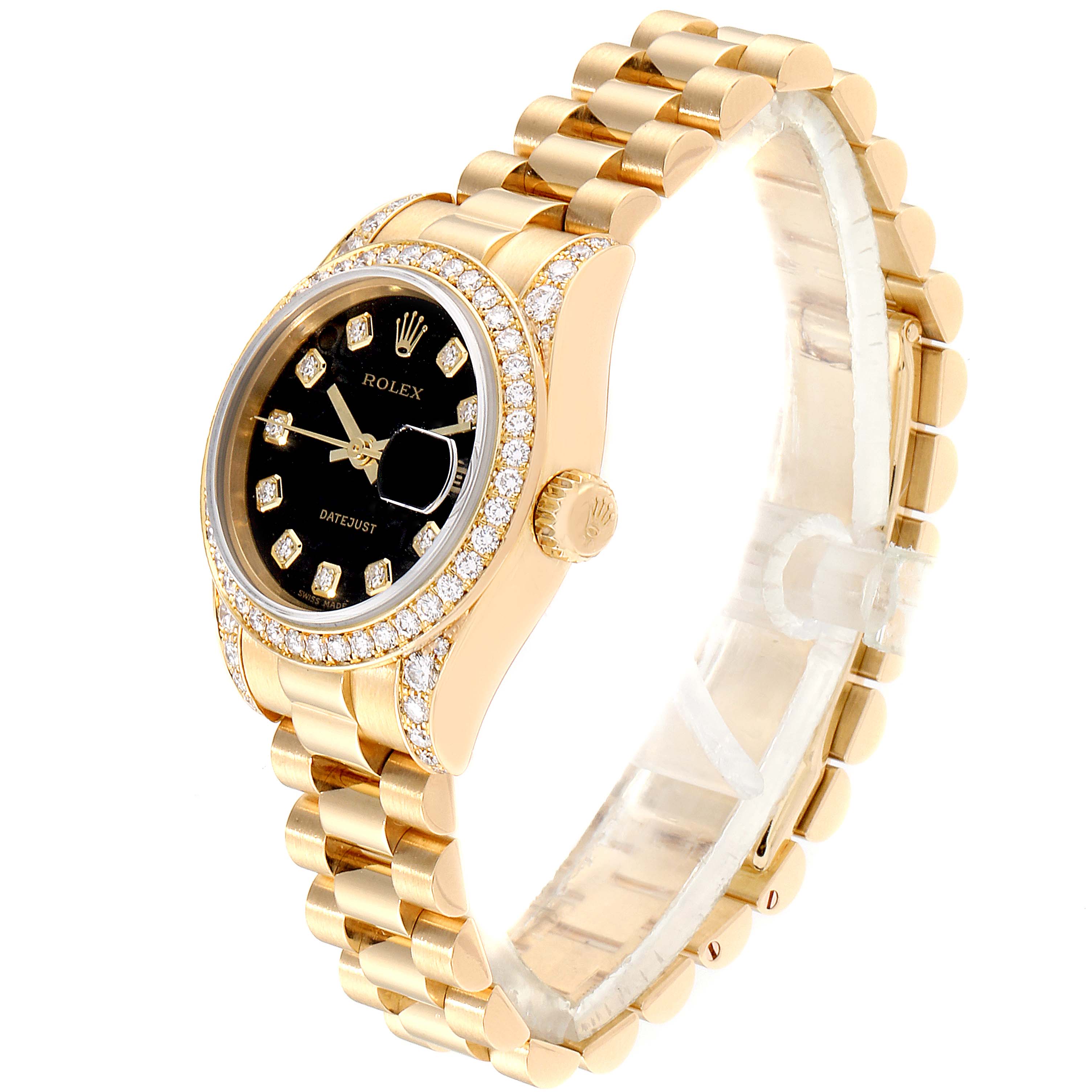 The image shows a side angle of a Rolex President 179158 Women's Yellow Gold Black Dial 179158 Women's Yellow Gold Black Dial model watch, highlighting the gold bracelet, black dial, and diamond bezel.