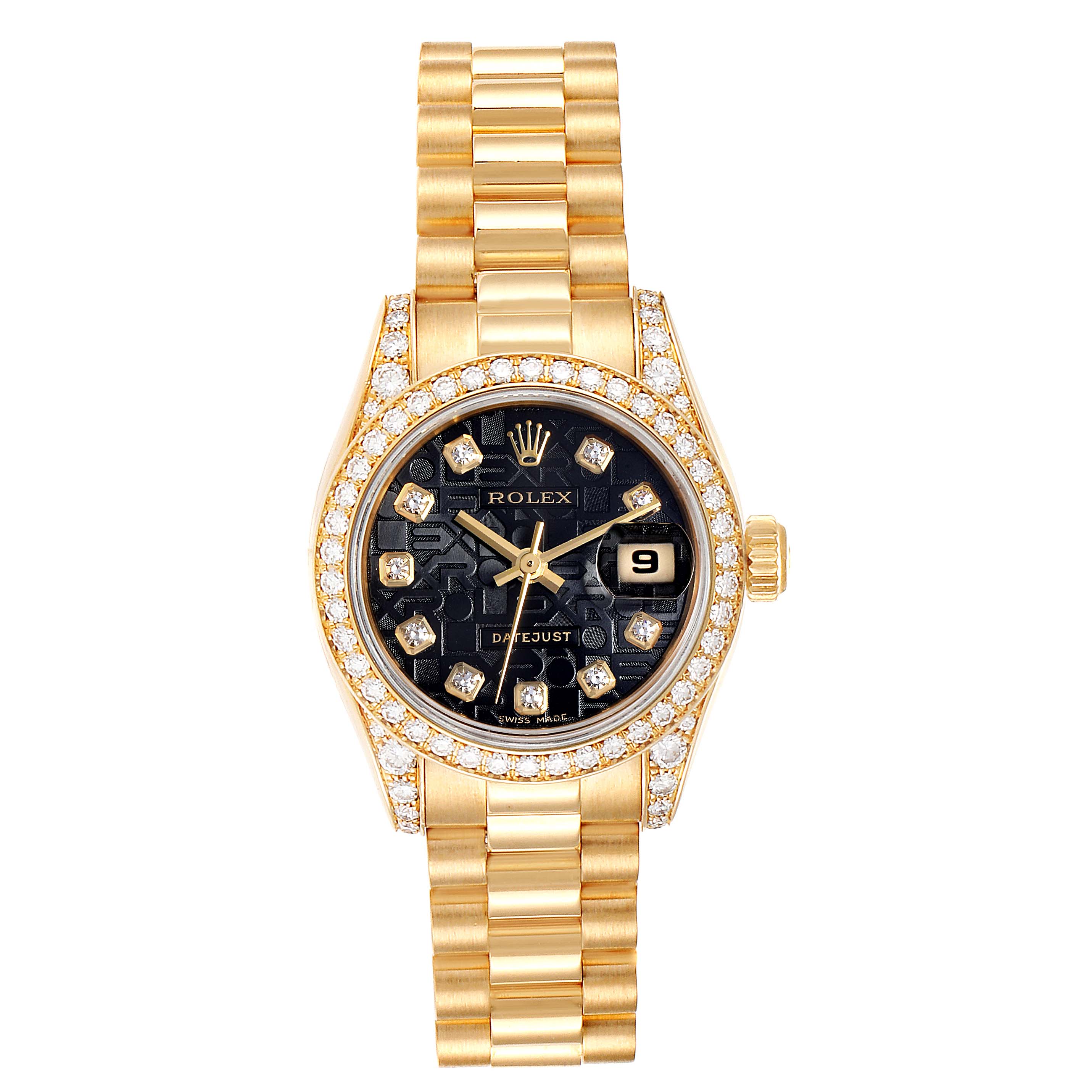 The image shows a frontal view of a Rolex President 179158 Women's Yellow Gold Black Dial 179158 Women's Yellow Gold Black Dial model watch, displaying its face, bezel, and bracelet.