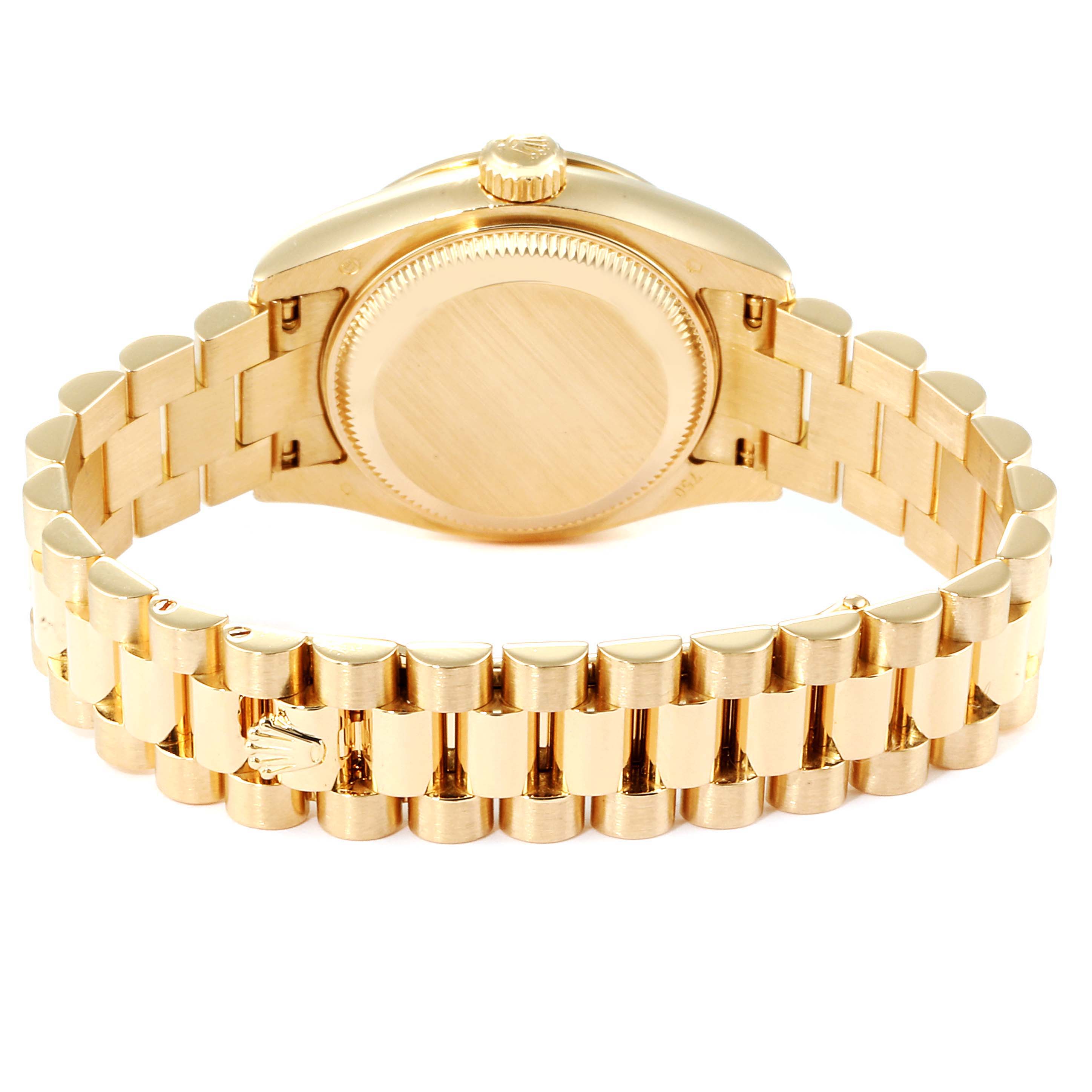 The image shows the back case and President bracelet of a Rolex President 179158 Women's Yellow Gold Black Dial 179158 Women's Yellow Gold Black Dial model watch, viewed from the rear.