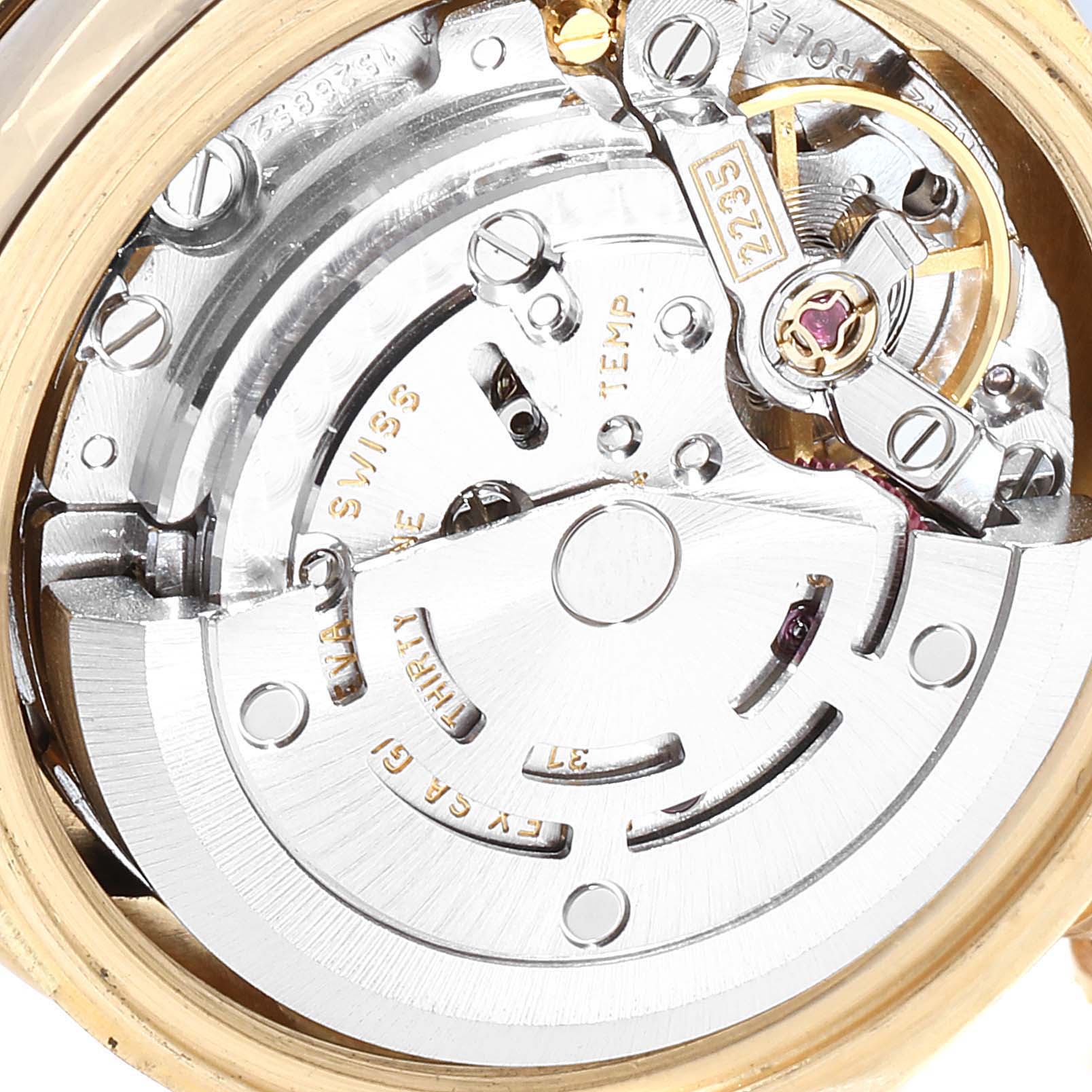 This image shows the internal mechanical movement of the Rolex President 179158 Women's Yellow Gold Black Dial 179158 Women's Yellow Gold Black Dial model, viewed from the back.