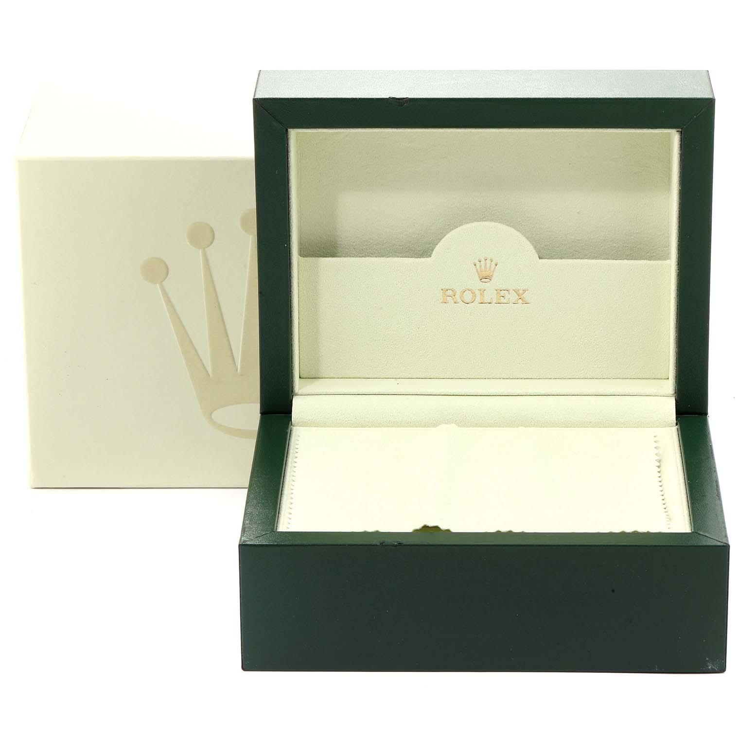 The image shows an empty Rolex box for the President model, featuring the interior and exterior packaging.