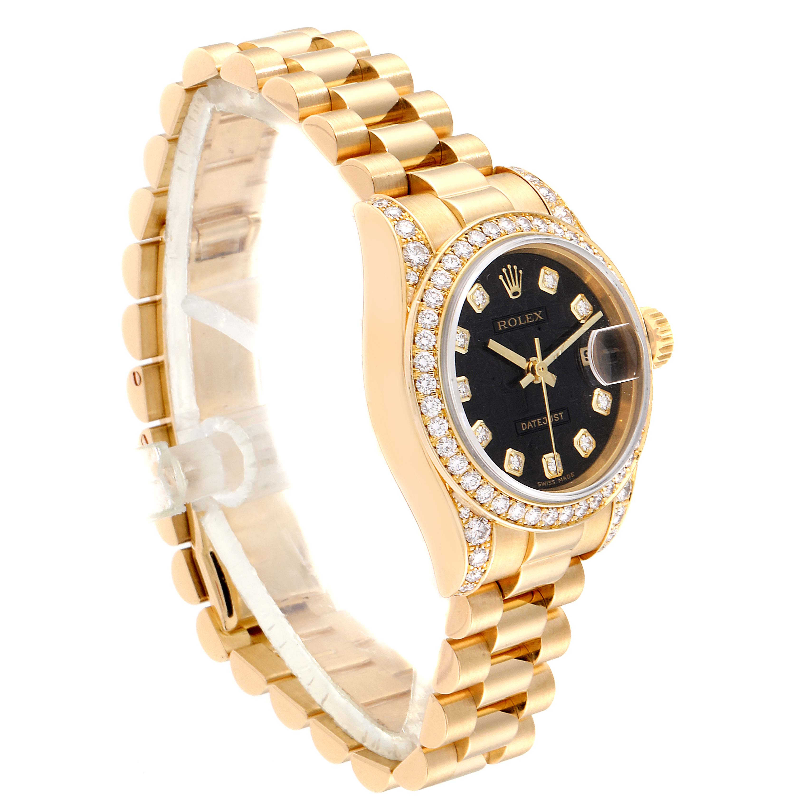 The image shows a left-side angle of a Rolex President 179158 Women's Yellow Gold Black Dial 179158 Women's Yellow Gold Black Dial model, highlighting the gold bracelet, black dial, and diamond bezel.