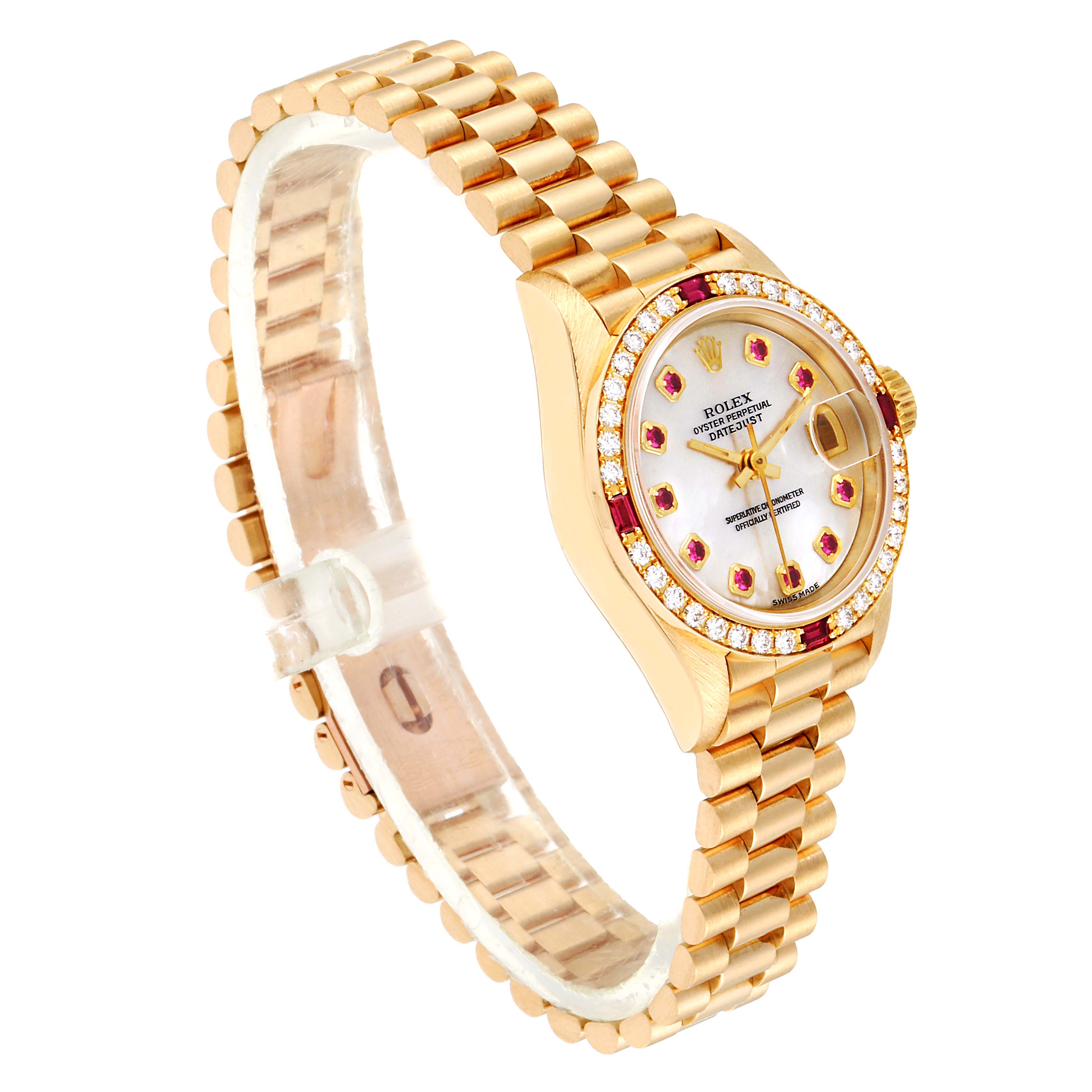 This image shows a Rolex President 69068 Women
s Yellow Gold Mother of Pearl Dial 69068 Women
s Yellow Gold Mother of Pearl Dial model watch from an angled top view, highlighting the bracelet, bezel, and dial.