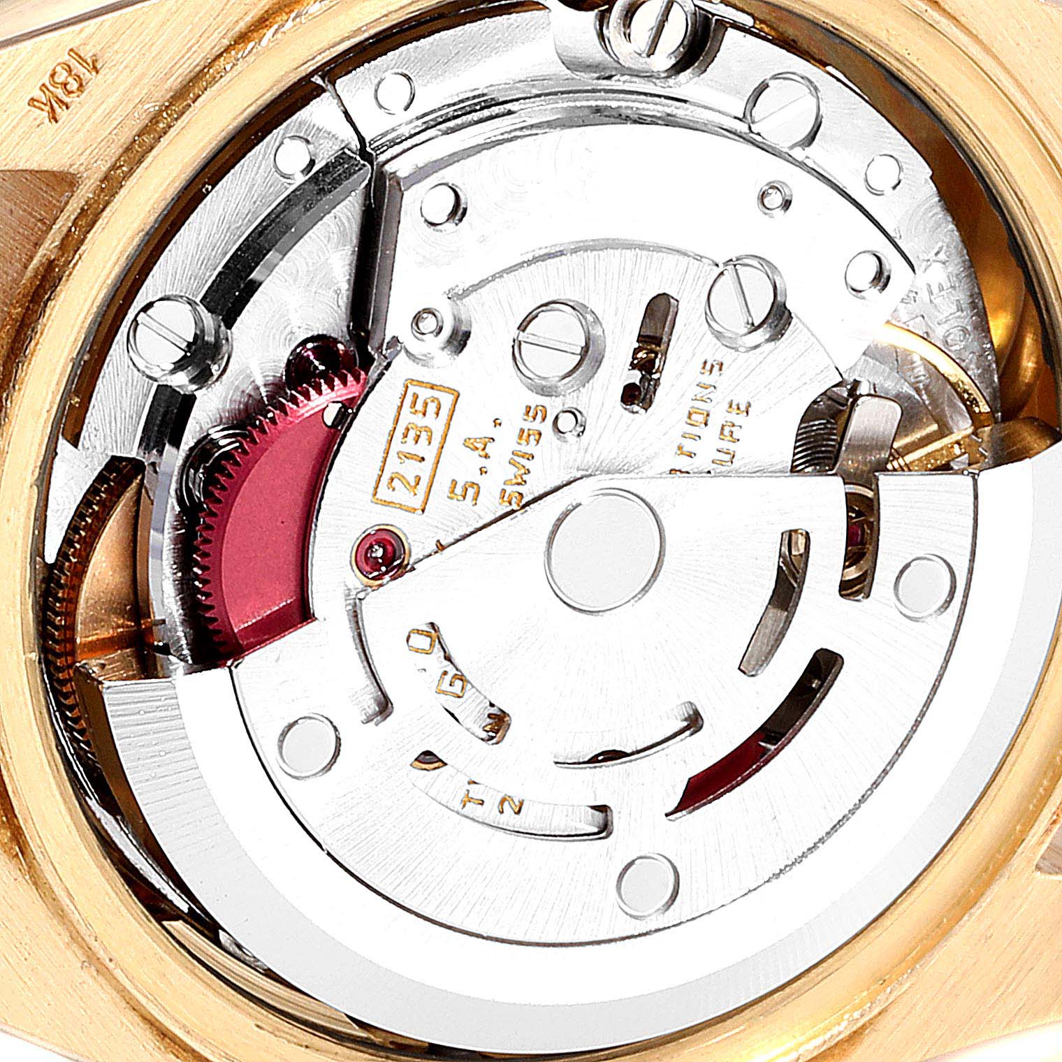 This image shows a close-up and detailed view of the internal mechanism of a Rolex President 69068 Women
s Yellow Gold Mother of Pearl Dial 69068 Women
s Yellow Gold Mother of Pearl Dial model watch from the back angle.