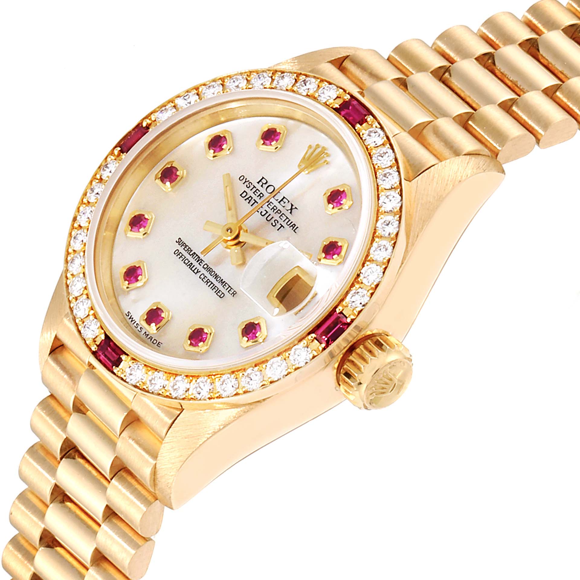 The image shows a detailed, angled view of a Rolex President 69068 Women
s Yellow Gold Mother of Pearl Dial 69068 Women
s Yellow Gold Mother of Pearl Dial model watch, highlighting the face, bezel, bracelet, and crown.