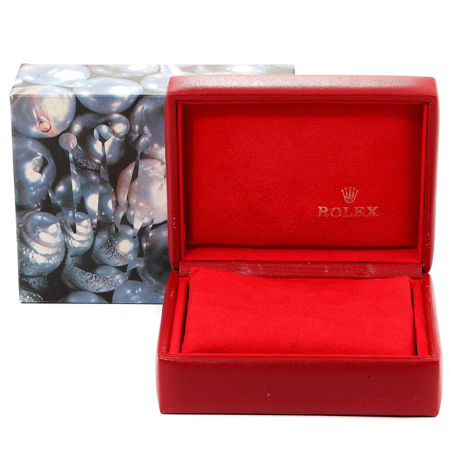 The image shows a Rolex President 69068 Women
s Yellow Gold Mother of Pearl Dial 69068 Women
s Yellow Gold Mother of Pearl Dial model watch box, displayed open with a red interior.