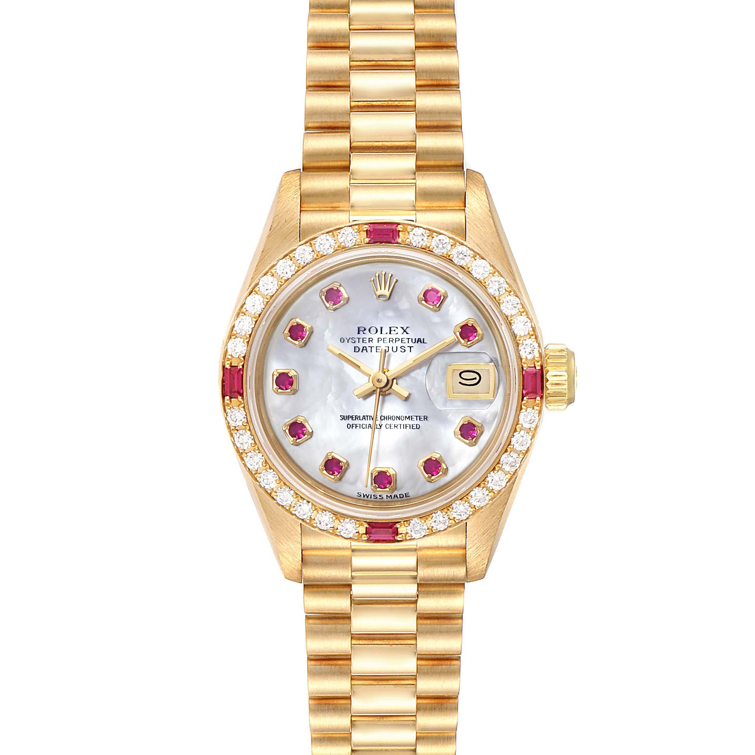The pictured watch is a Rolex President 69068 Women
s Yellow Gold Mother of Pearl Dial 69068 Women
s Yellow Gold Mother of Pearl Dial model, shown from the front with its dial, bracelet, and crown visible.