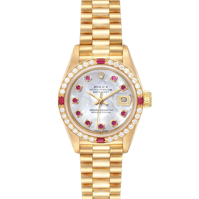 Rolex President Yellow Gold MOP Dial Diamond Ruby Ladies Watch 69068 SwissWatchExpo