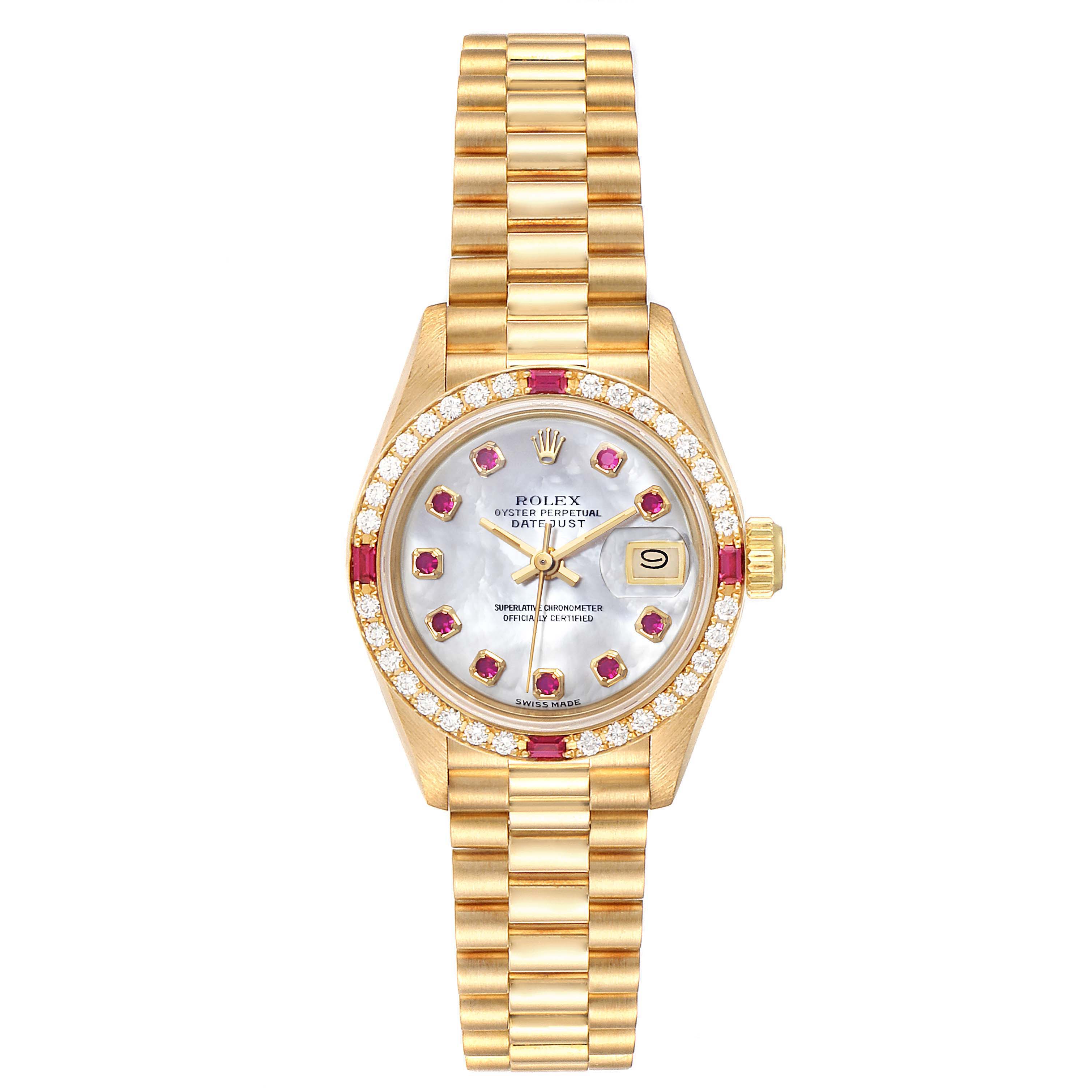 This image shows a Rolex President 69068 Women
s Yellow Gold Mother of Pearl Dial 69068 Women
s Yellow Gold Mother of Pearl Dial model watch from a top-down angle, displaying the full face, bezel, and bracelet.