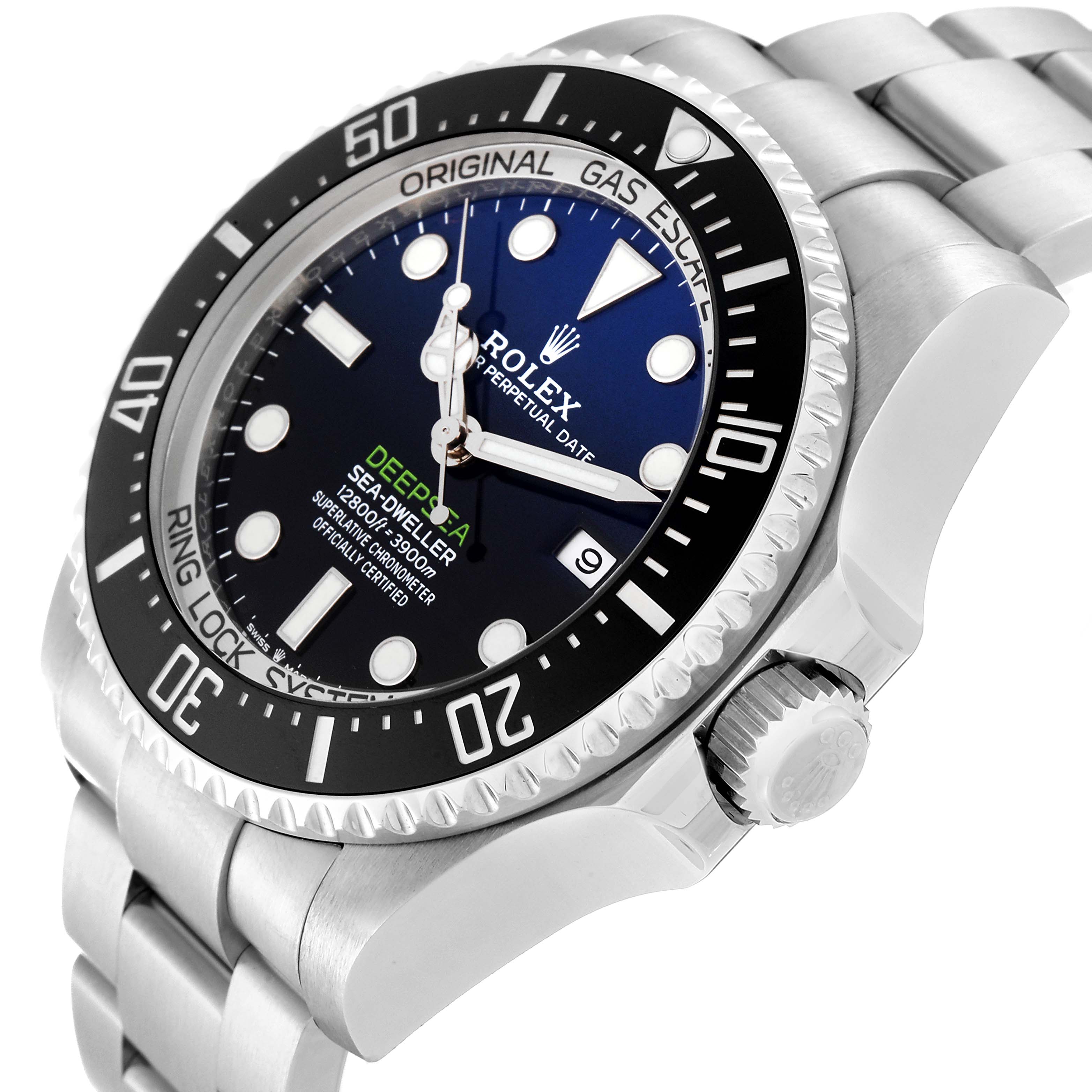 The angled view of the Rolex Sea-Dweller 126660 Men's Stainless Steel Blue Dial 126660 Men's Stainless Steel Blue Dial watch shows the face, bezel, crown, and part of the bracelet.