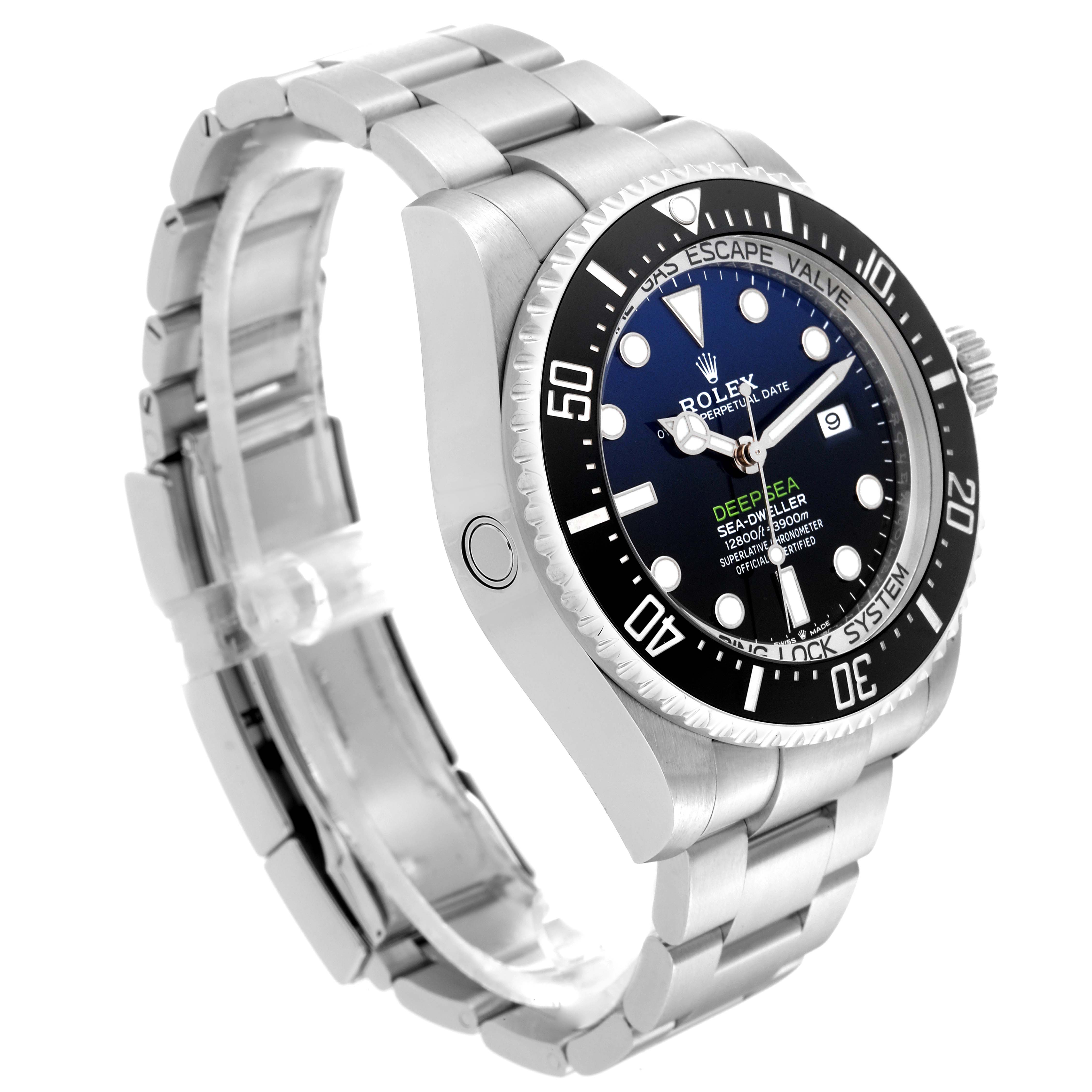 The Rolex Sea-Dweller 126660 Men's Stainless Steel Blue Dial 126660 Men's Stainless Steel Blue Dial watch is shown at a three-quarter angle, displaying the bracelet, dial, bezel, and crown.