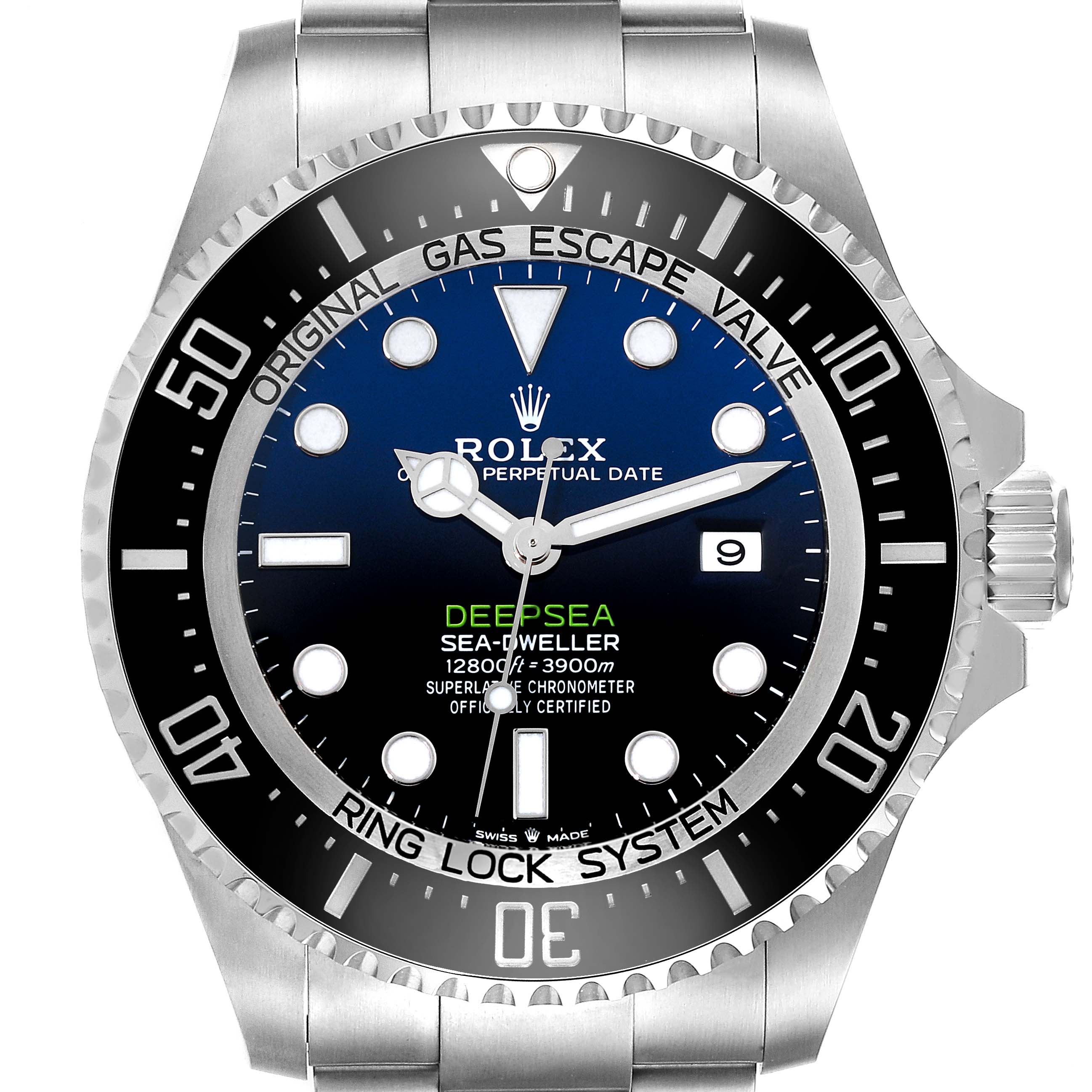 This image shows a front view of the Rolex Sea-Dweller 126660 Men's Stainless Steel Blue Dial 126660 Men's Stainless Steel Blue Dial watch, highlighting its face, bezel, and crown.