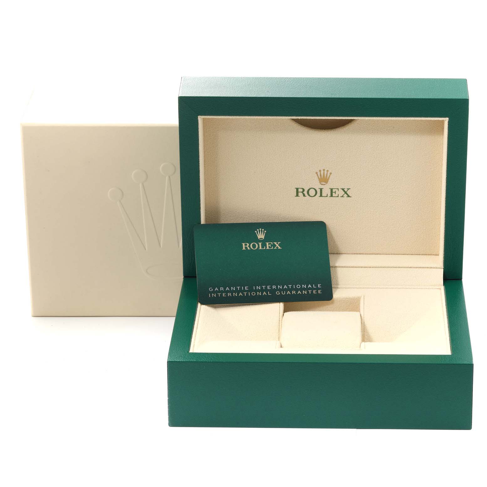 The image shows the Rolex Sea-Dweller 126660 Men's Stainless Steel Blue Dial 126660 Men's Stainless Steel Blue Dial's green watch box, inner beige insert, and international guarantee card.