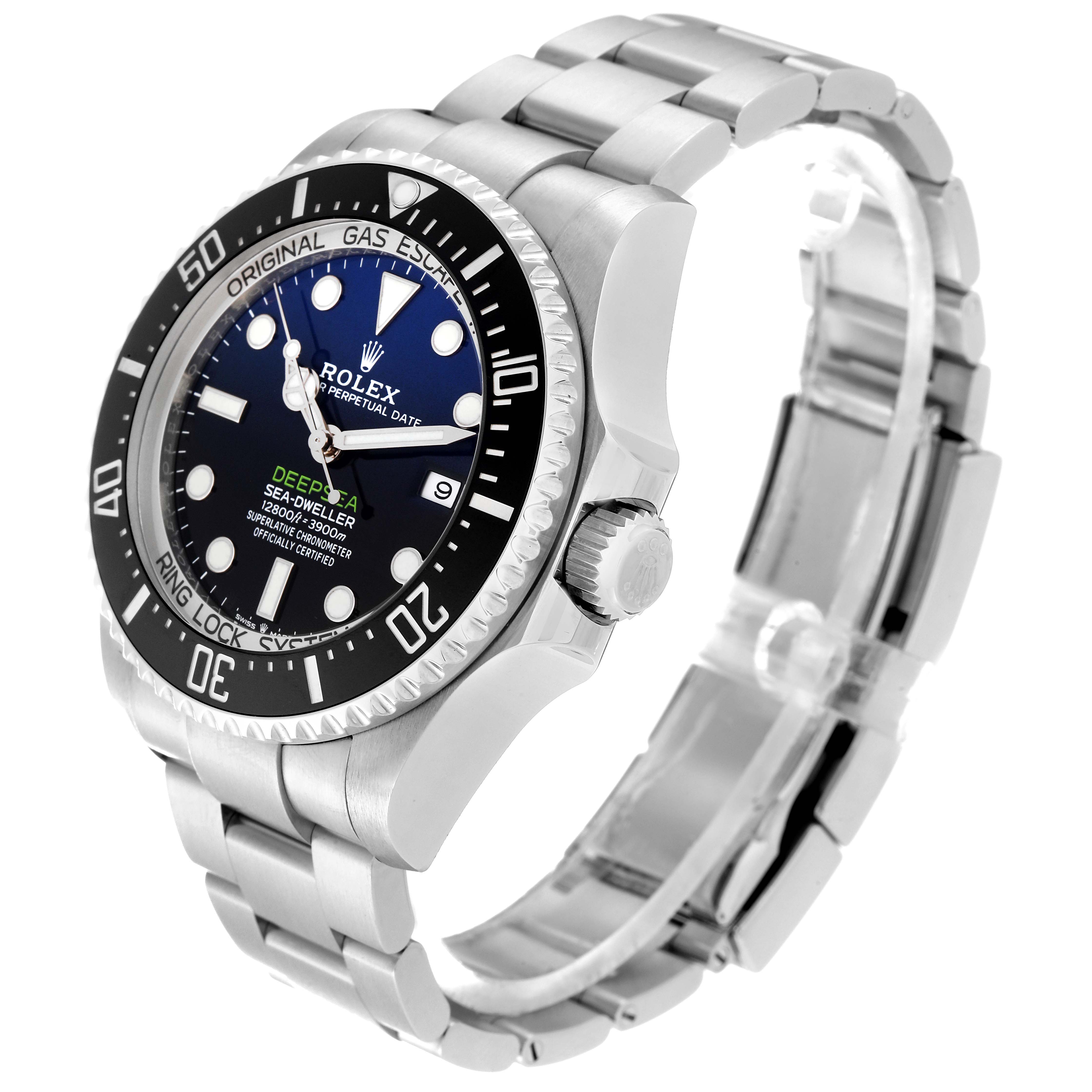 The Rolex Sea-Dweller 126660 Men's Stainless Steel Blue Dial 126660 Men's Stainless Steel Blue Dial watch is shown at an angle displaying the dial, bezel, crown, and part of the bracelet.