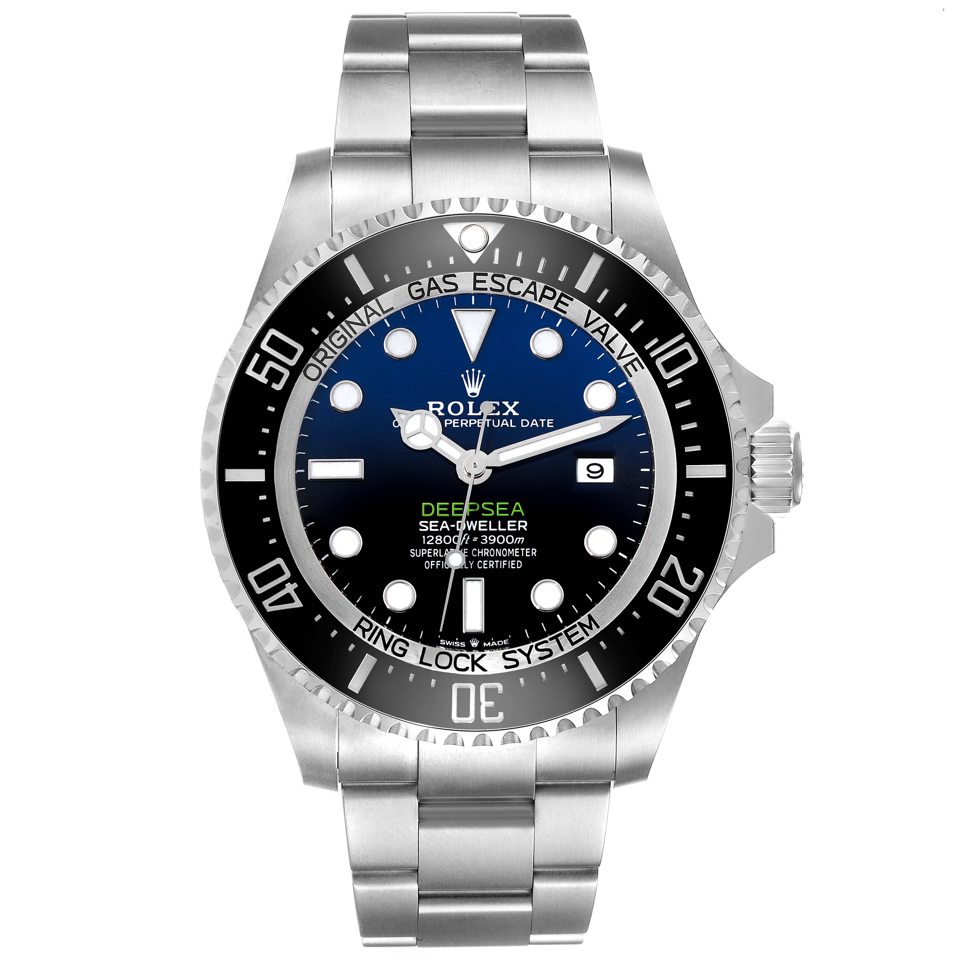 This image shows a front view of the Rolex Sea-Dweller 126660 Men's Stainless Steel Blue Dial 126660 Men's Stainless Steel Blue Dial watch, highlighting its face, bezel, and stainless steel bracelet.