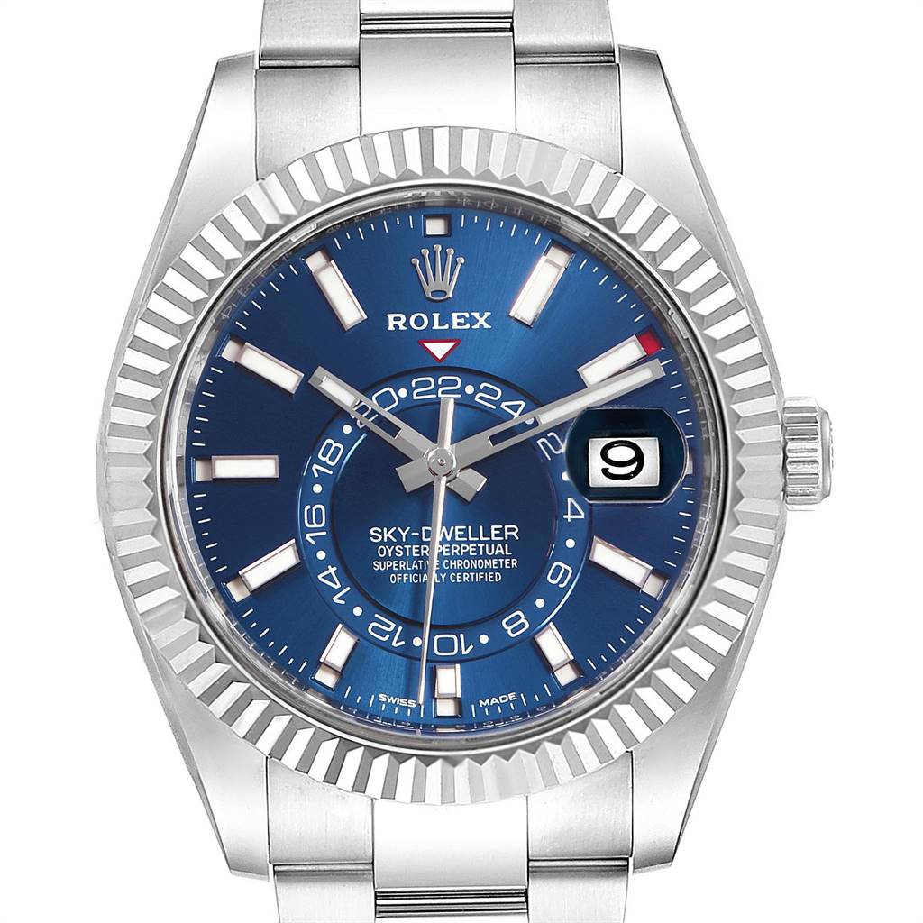 This image shows a Rolex Sky-Dweller 326934 Men's Stainless Steel Blue Dial 326934 Men's Stainless Steel Blue Dial watch face with a blue dial, date window, and stainless steel bracelet.