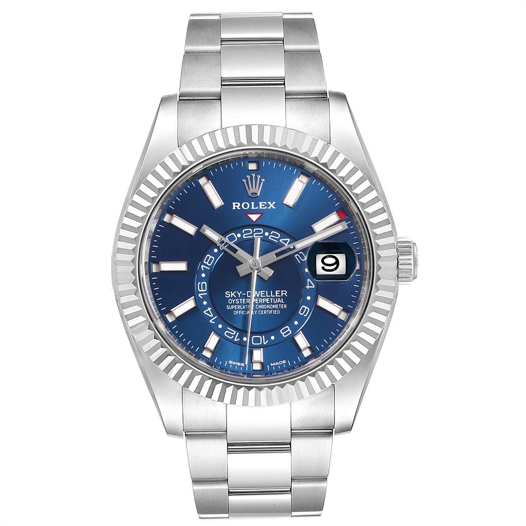 The image shows a front view of a Rolex Sky-Dweller 326934 Men's Stainless Steel Blue Dial 326934 Men's Stainless Steel Blue Dial watch displaying its blue dial, date window, and stainless steel bracelet.