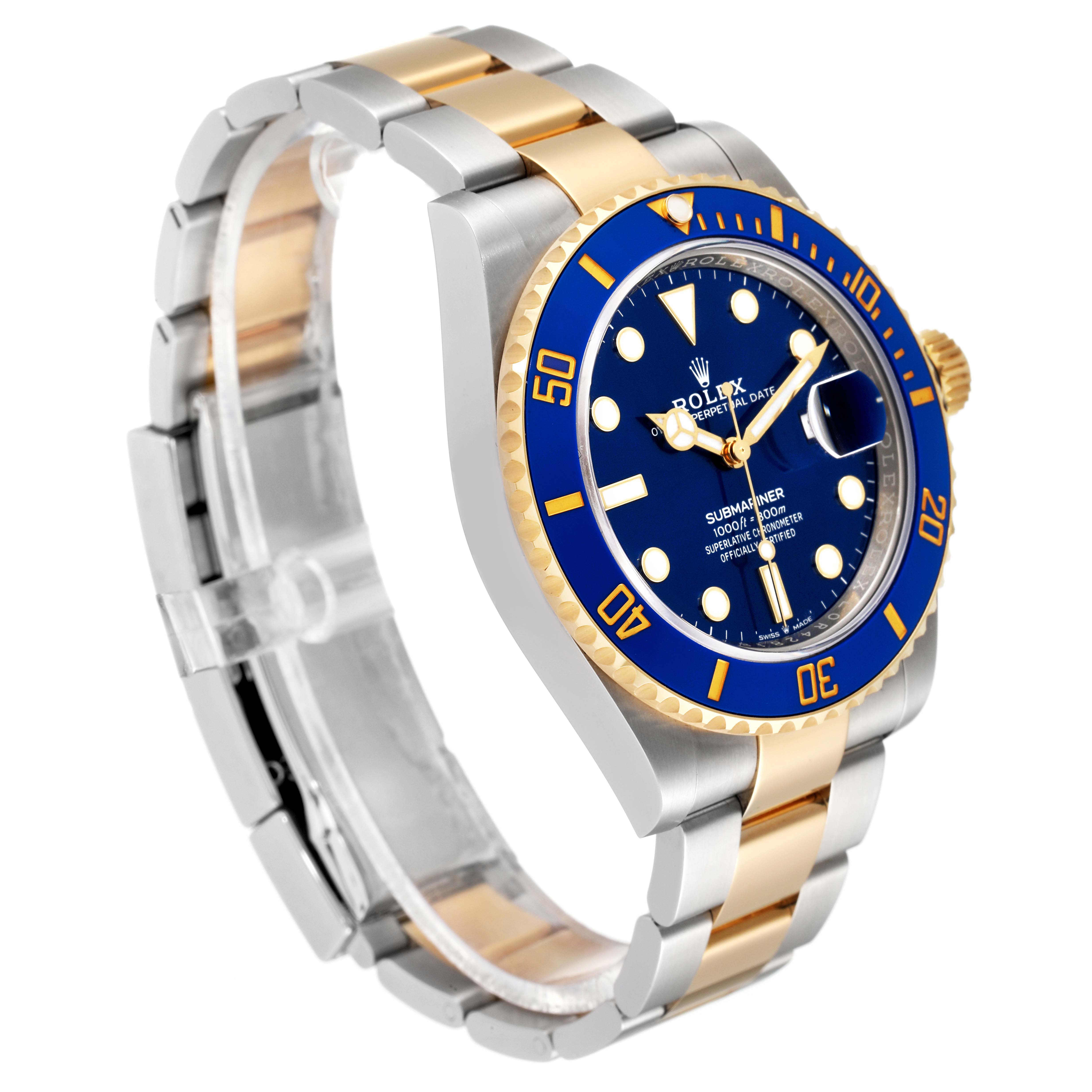 The image shows a Rolex Submariner 126613 Men's Steel and Gold (two tone) Blue Dial 126613 Men's Steel and Gold (two tone) Blue Dial watch at a side angle featuring its blue dial, two-tone bracelet, and bezel.