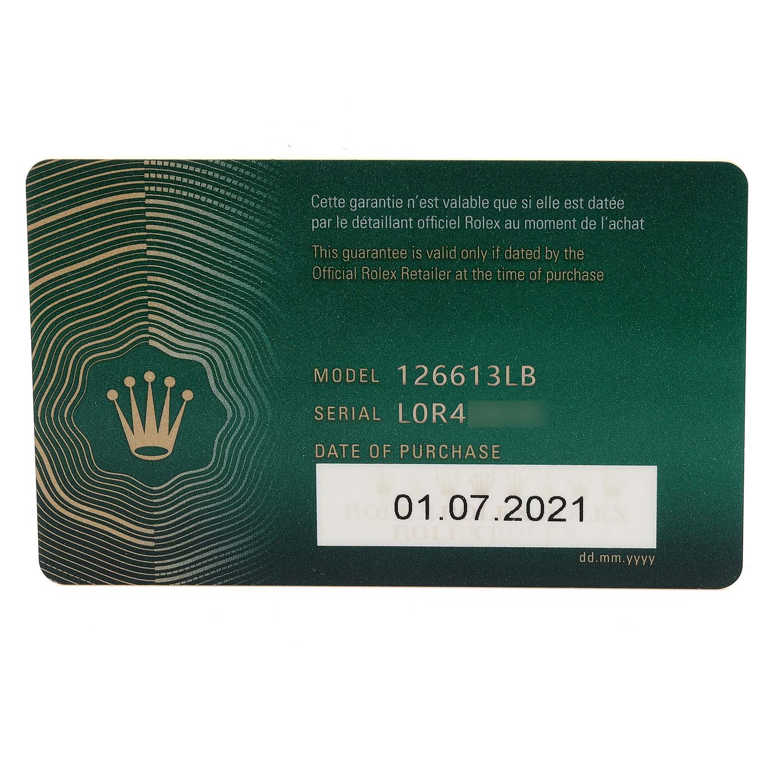 This image shows the warranty card for a Rolex Submariner 126613 Men's Steel and Gold (two tone) Blue Dial 126613 Men's Steel and Gold (two tone) Blue Dial model 126613LB, including the serial number and purchase date.