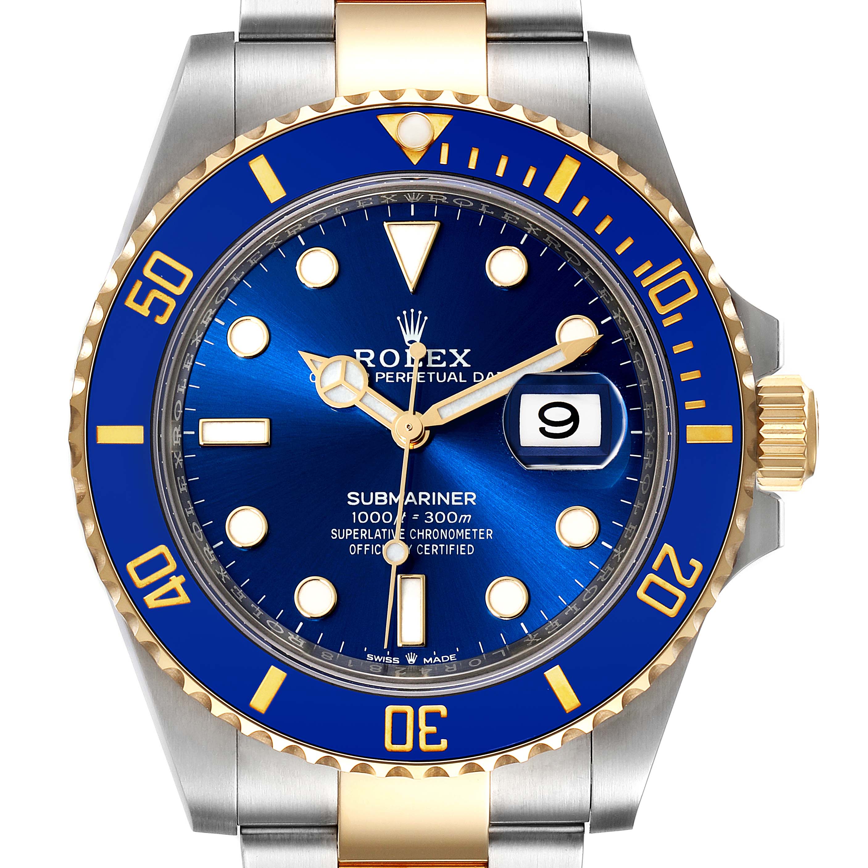 This image shows a frontal view of the Rolex Submariner 126613 Men's Steel and Gold (two tone) Blue Dial 126613 Men's Steel and Gold (two tone) Blue Dial watch, highlighting its blue dial, gold markings, and date window.
