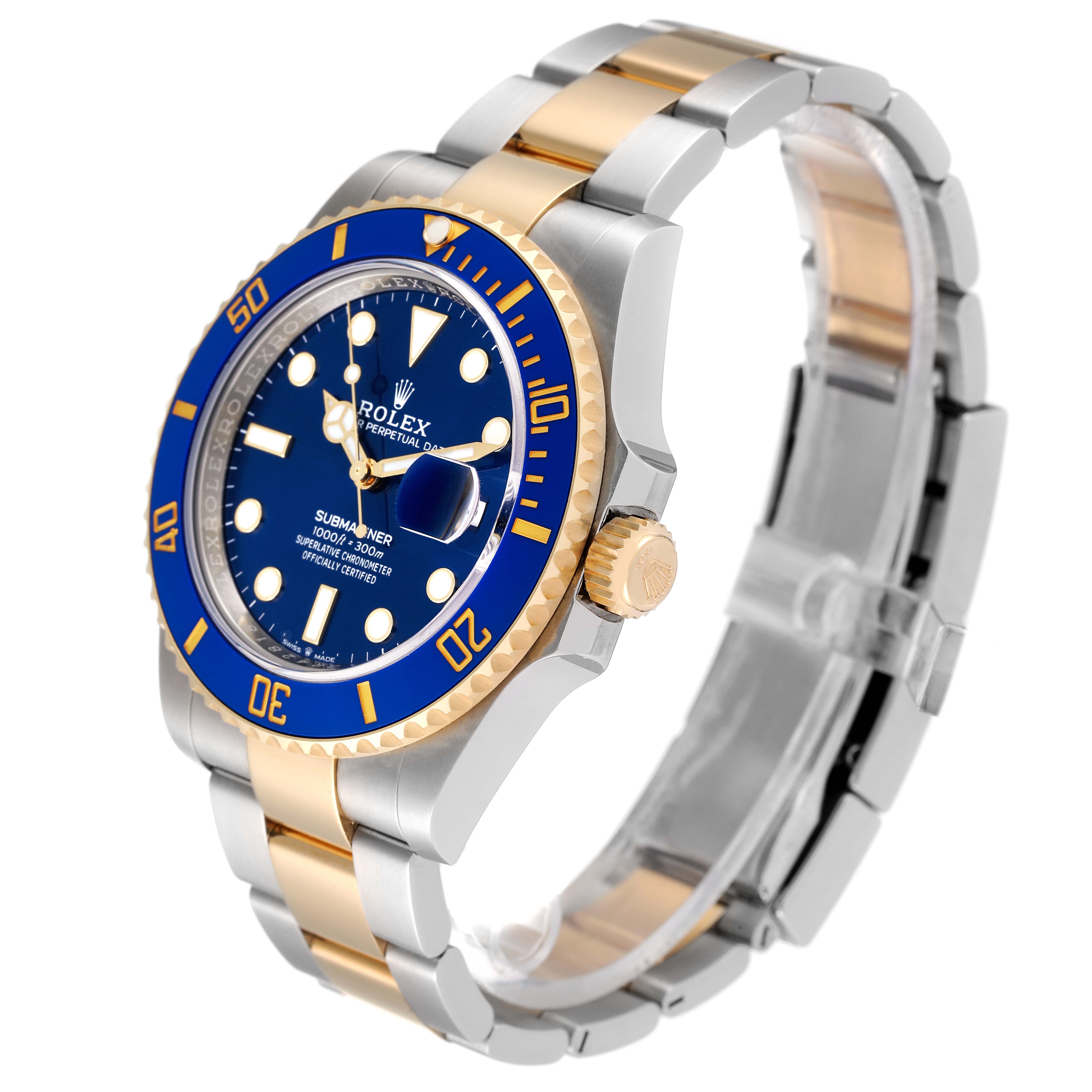 The Rolex Submariner 126613 Men's Steel and Gold (two tone) Blue Dial 126613 Men's Steel and Gold (two tone) Blue Dial watch is shown at a three-quarter angle, highlighting the face, bezel, and bracelet.