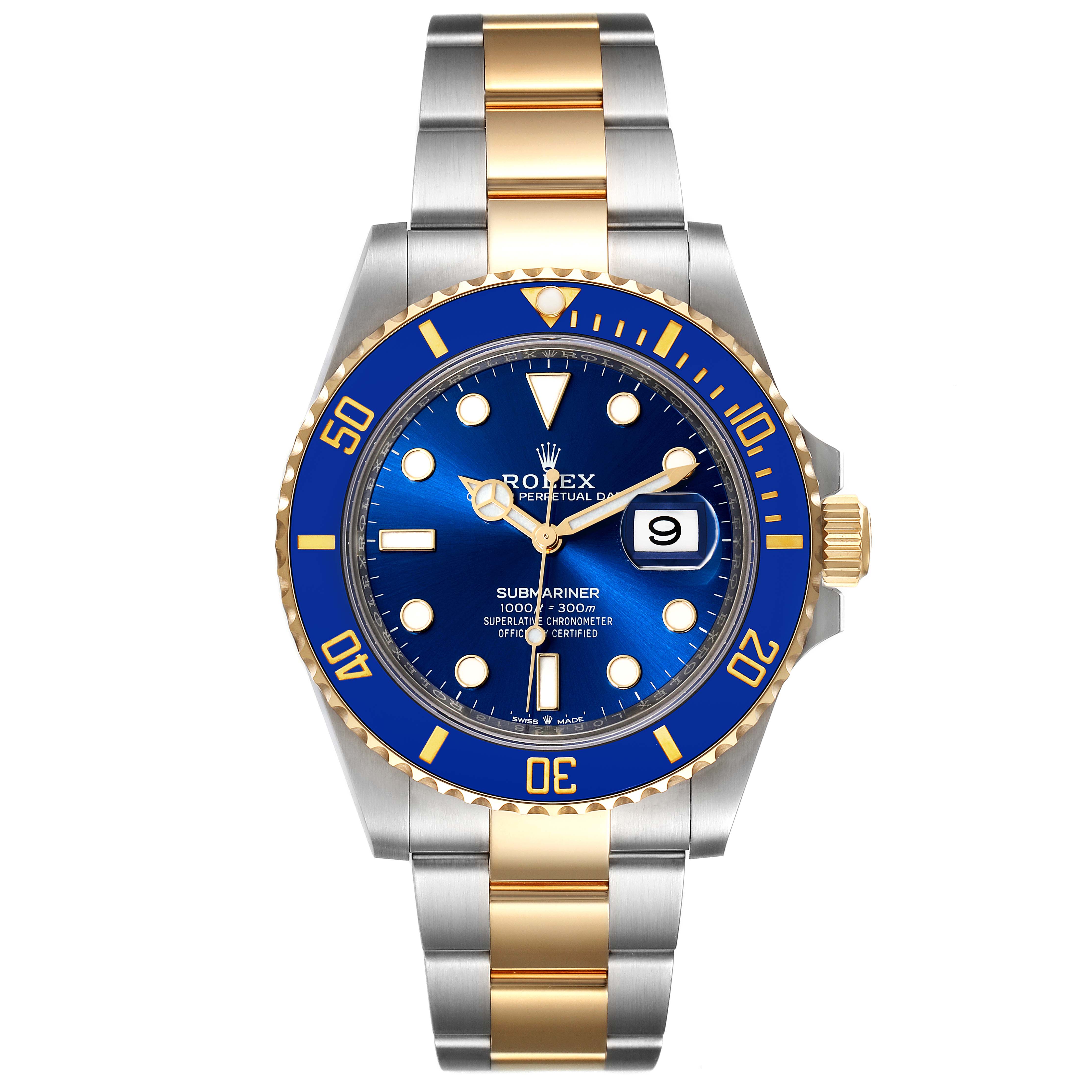 The image shows a front view of a Rolex Submariner 126613 Men's Steel and Gold (two tone) Blue Dial 126613 Men's Steel and Gold (two tone) Blue Dial watch, highlighting its blue dial, date window, and two-tone bracelet.