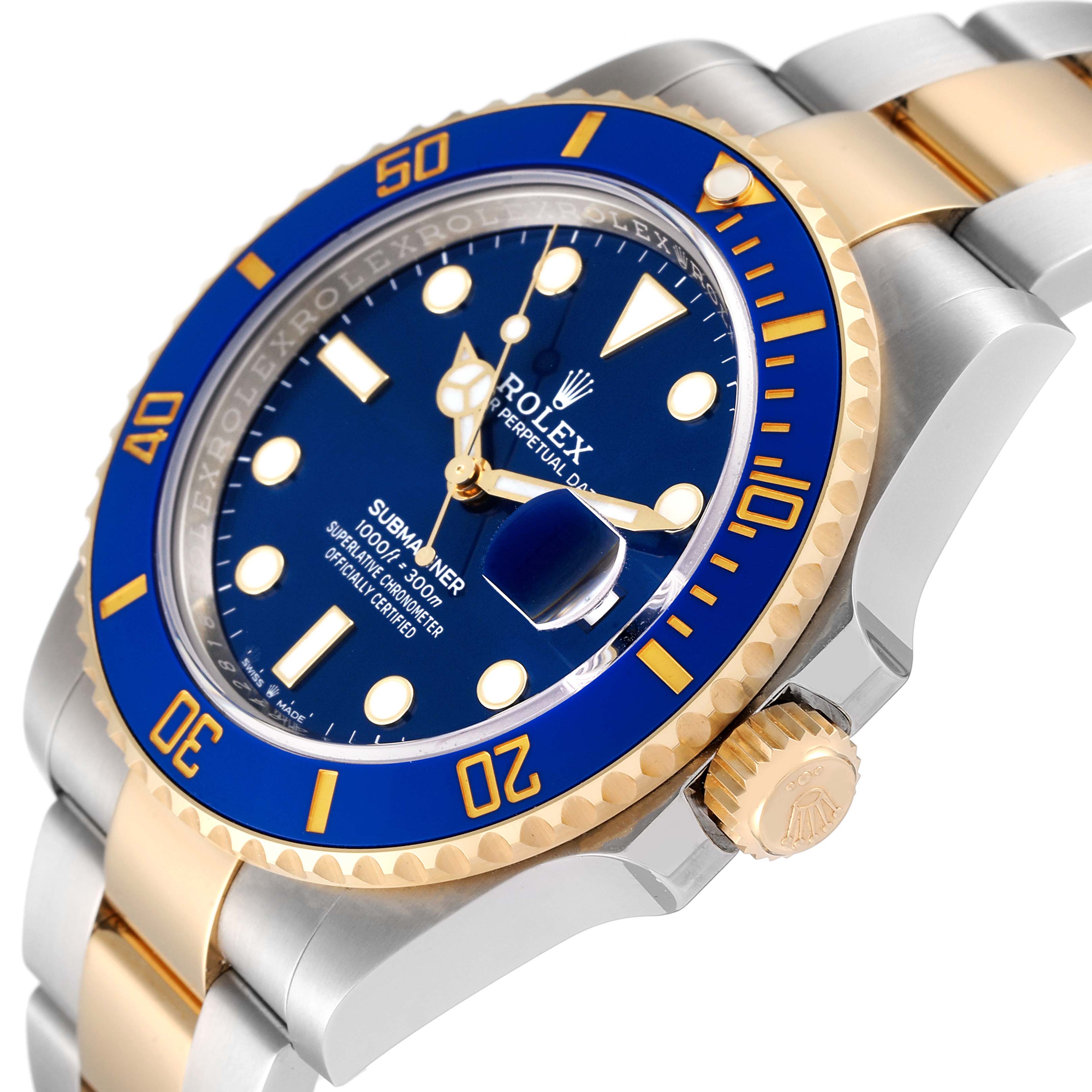 The image shows a side angle of a Rolex Submariner 126613 Men's Steel and Gold (two tone) Blue Dial 126613 Men's Steel and Gold (two tone) Blue Dial watch, highlighting the bezel, crown, dial, and part of the bracelet.