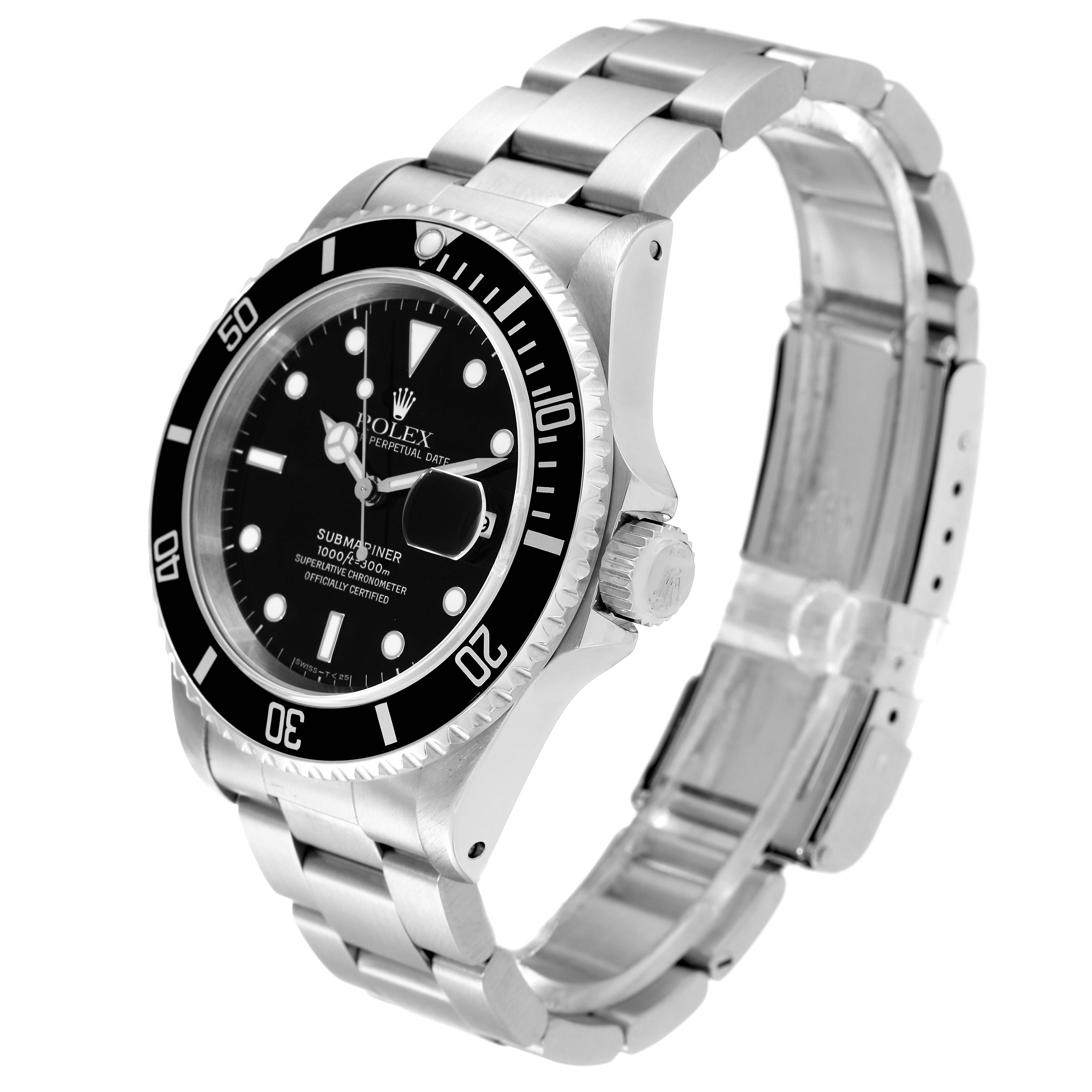 This image shows a Rolex Submariner 16610 Men
s Stainless Steel Black Dial 16610 Men
s Stainless Steel Black Dial watch at an angled side view, displaying its bezel, dial, crown, and bracelet.