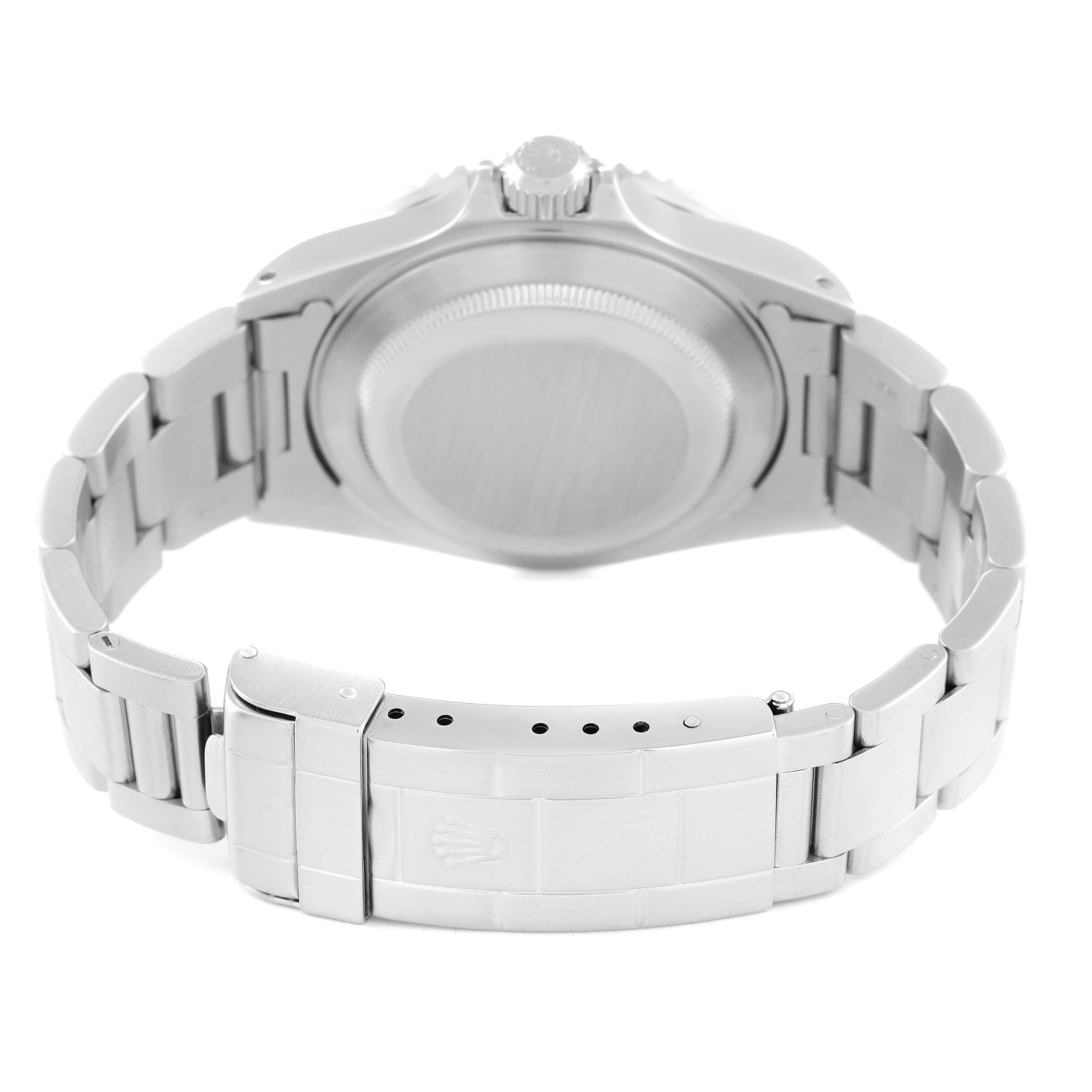 The image shows the back view of a Rolex Submariner 16610 Men
s Stainless Steel Black Dial 16610 Men
s Stainless Steel Black Dial watch, highlighting the stainless steel bracelet and clasp.