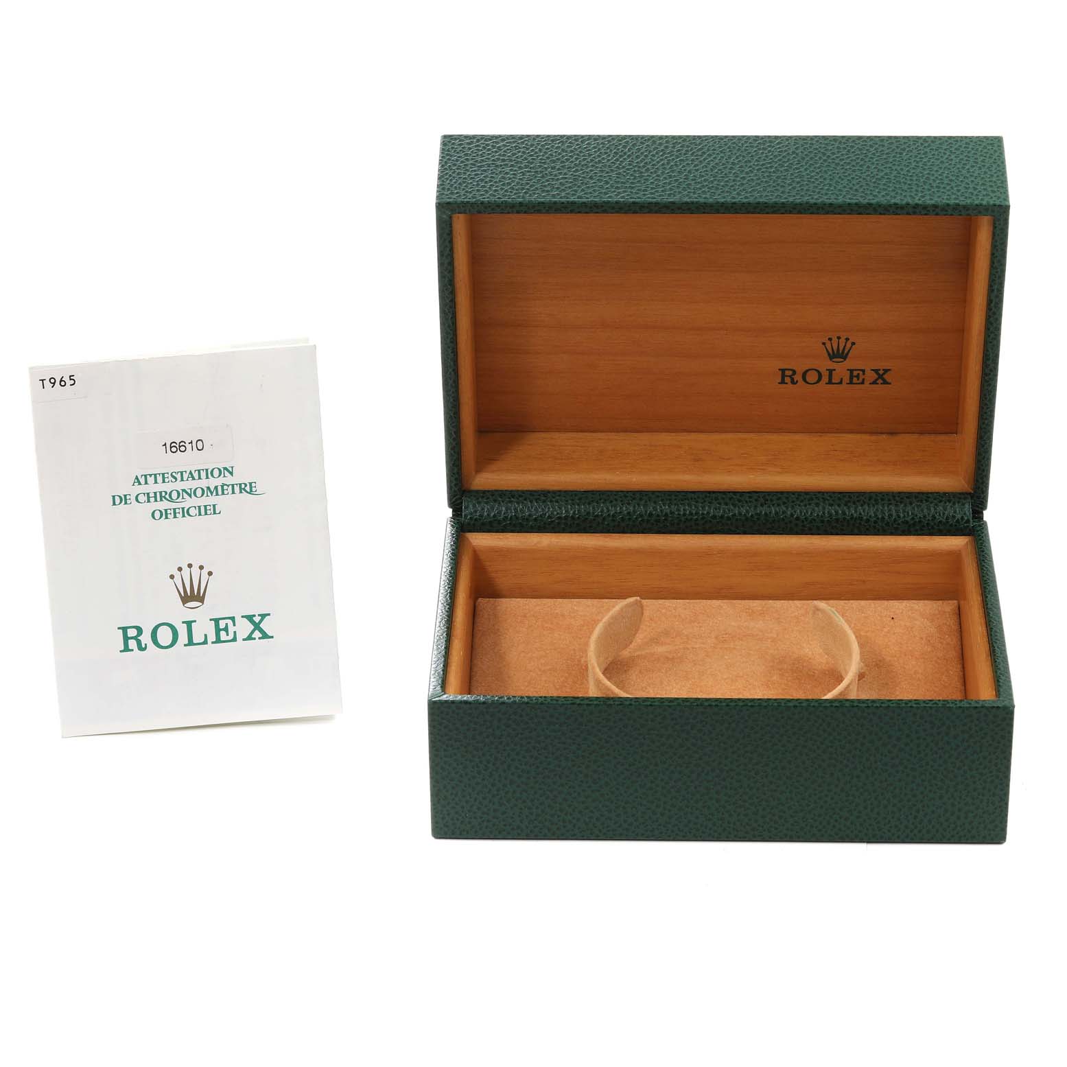 The image shows an open green Rolex box and an official chronometer certification for the Rolex Submariner 16610 Men
s Stainless Steel Black Dial 16610 Men
s Stainless Steel Black Dial model.