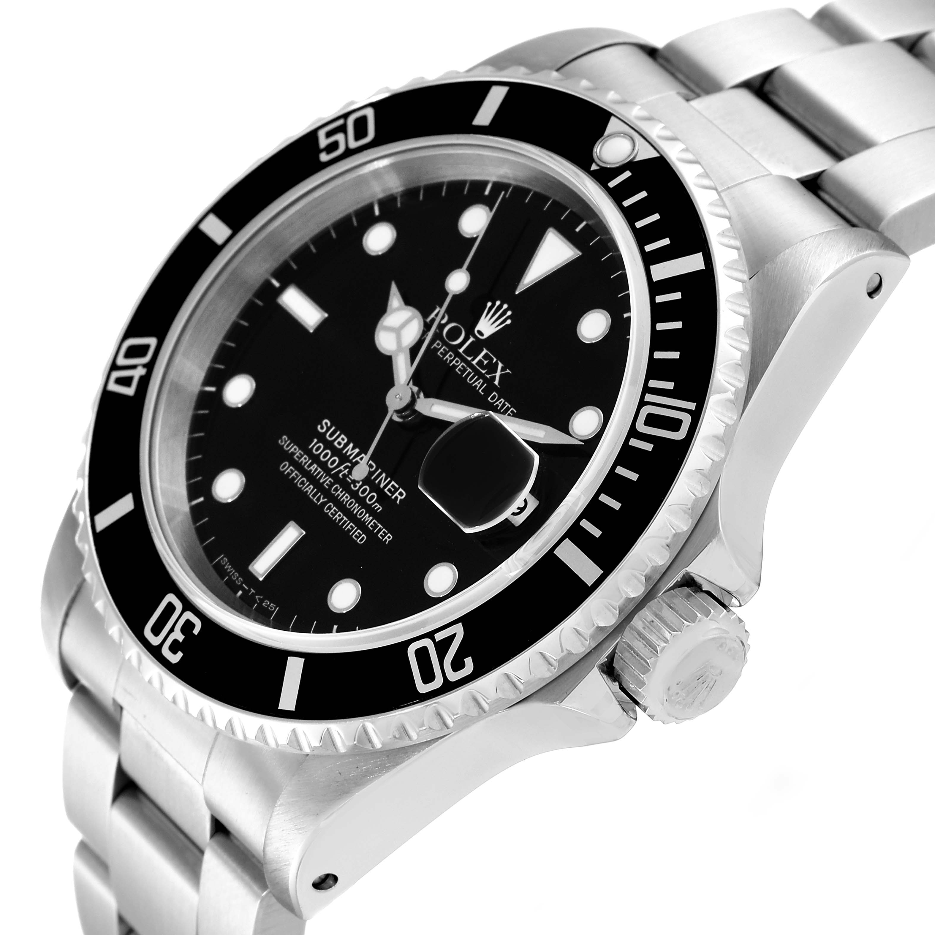 The image shows the Rolex Submariner 16610 Men
s Stainless Steel Black Dial 16610 Men
s Stainless Steel Black Dial watch at a side angle, highlighting the face, bezel, crown, and part of the bracelet.