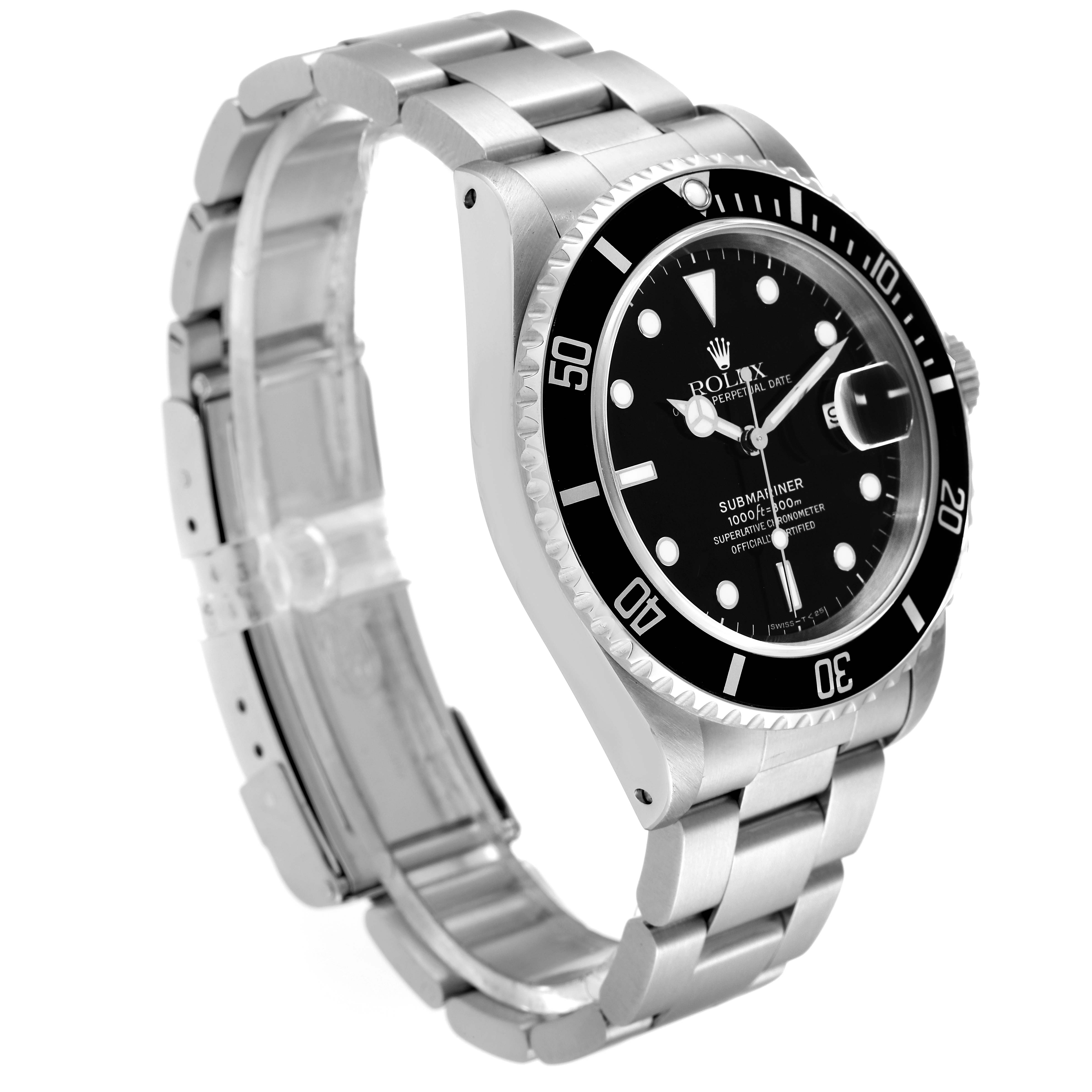 The image shows a side angle view of a Rolex Submariner 16610 Men
s Stainless Steel Black Dial 16610 Men
s Stainless Steel Black Dial with a focus on its bezel, dial, case, and bracelet.