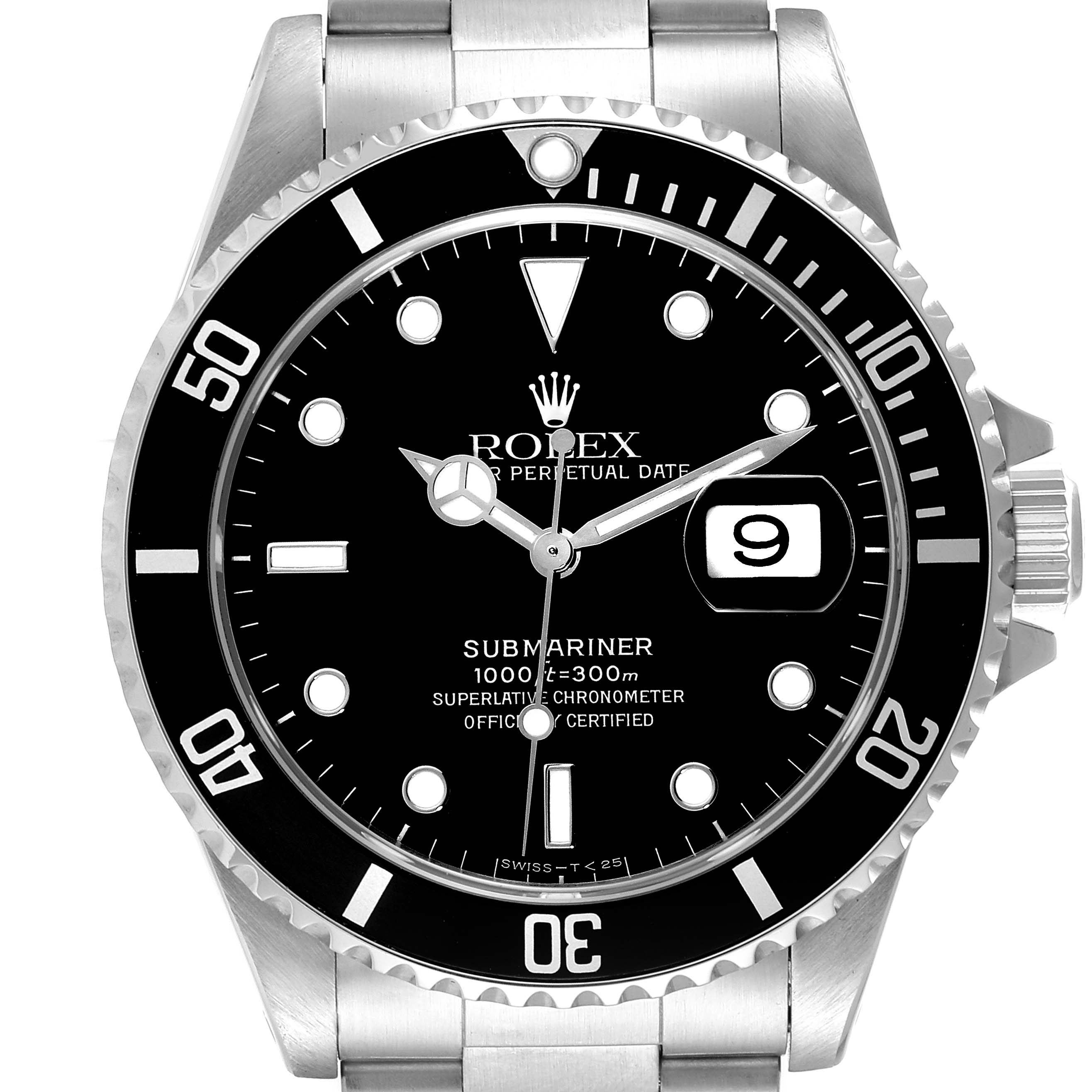 This image shows a front view of a Rolex Submariner 16610 Men
s Stainless Steel Black Dial 16610 Men
s Stainless Steel Black Dial watch featuring its dial, bezel, crown, and part of the bracelet.