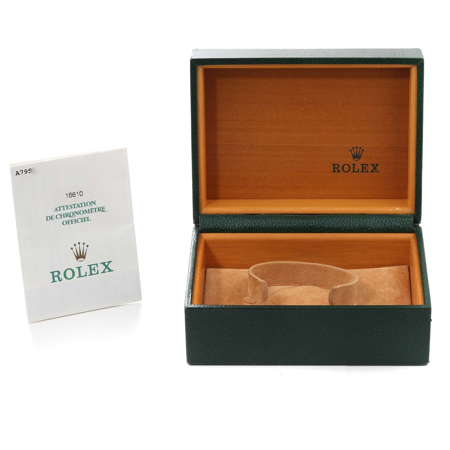 The image shows an open green Rolex box and an official chronometer certificate for the Submariner model.