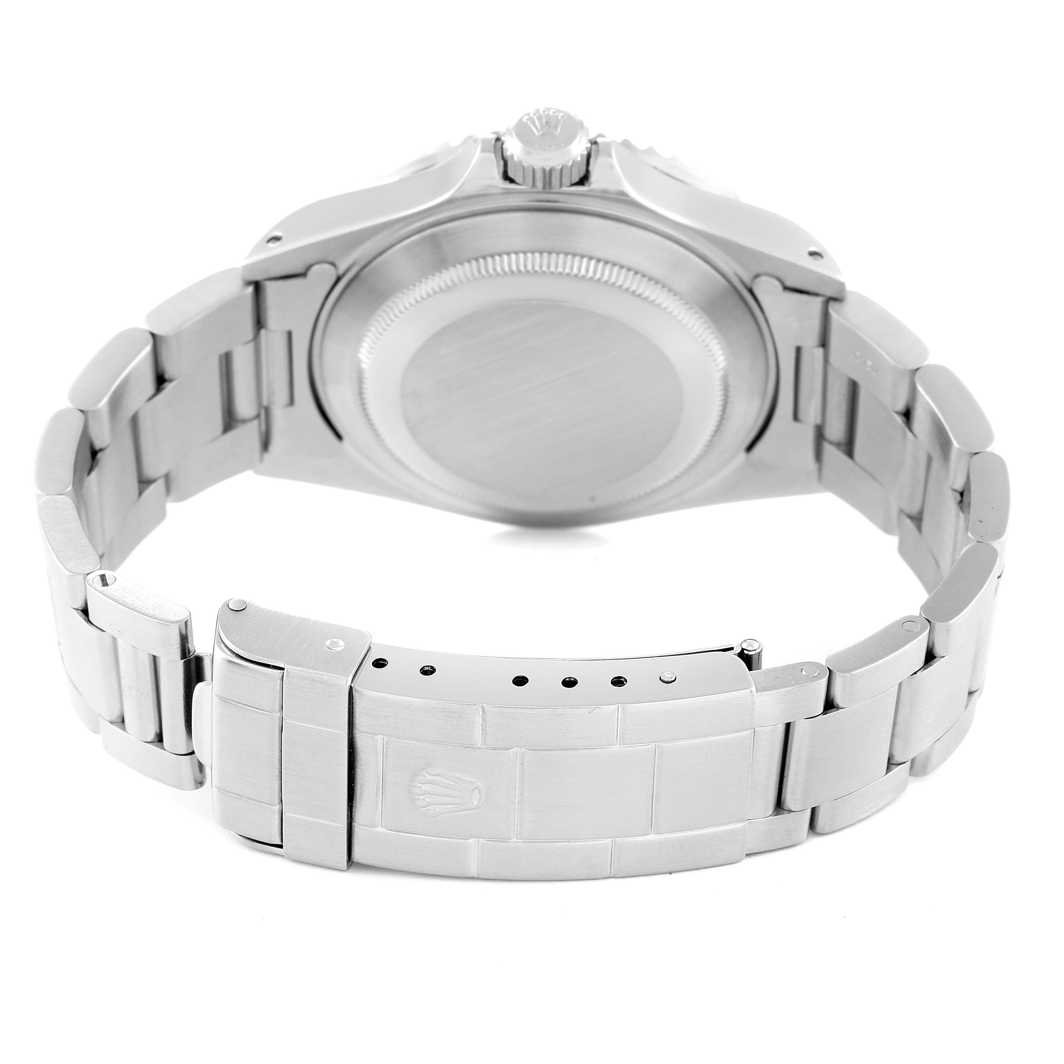 The image shows the back case, crown, and stainless steel bracelet of a Rolex Submariner 16610 Men
s Stainless Steel Black Dial 16610 Men
s Stainless Steel Black Dial watch from a rear angle.