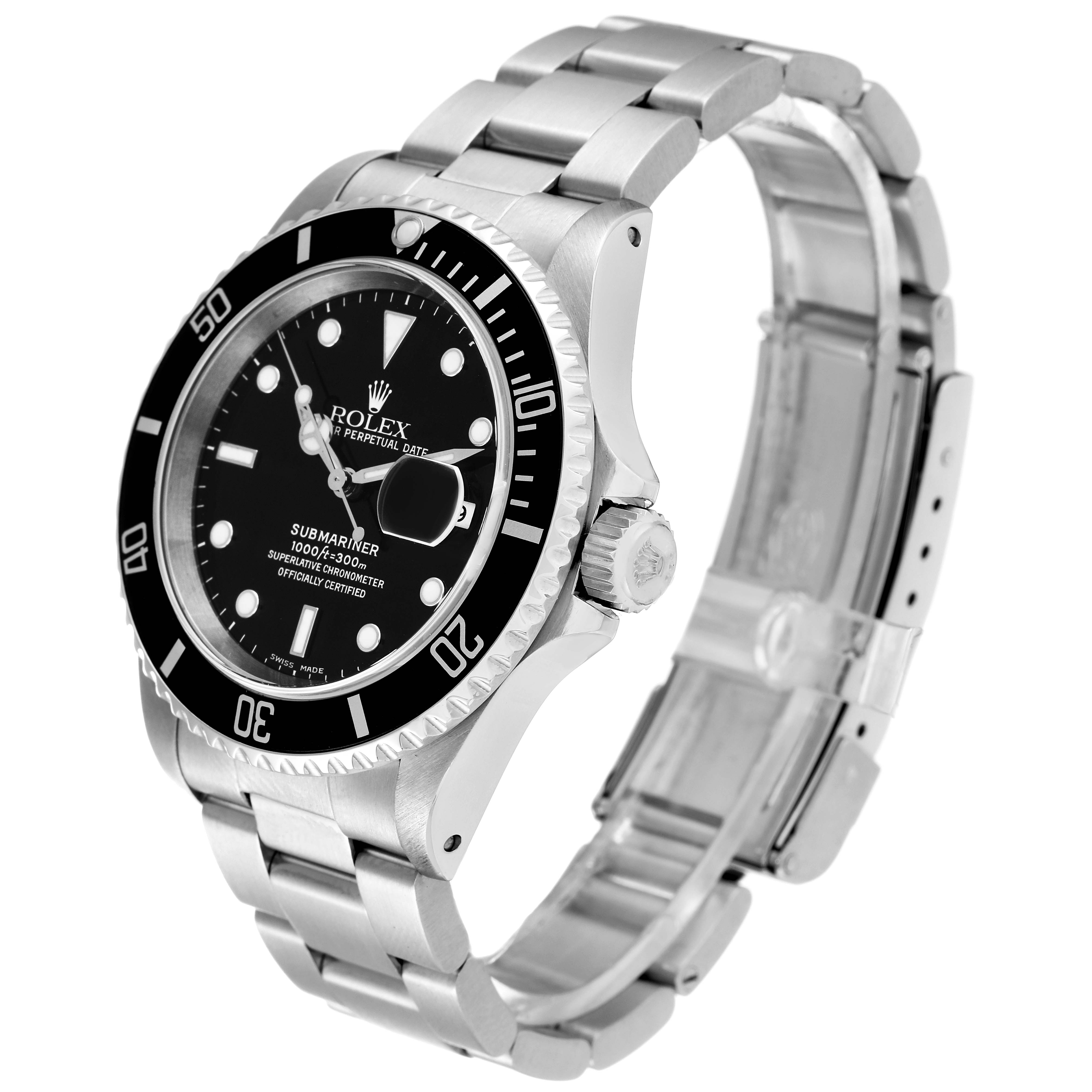 This image shows a Rolex Submariner 16610 Men
s Stainless Steel Black Dial 16610 Men
s Stainless Steel Black Dial watch, angled slightly to the right, displaying the watch face, bezel, crown, and bracelet.