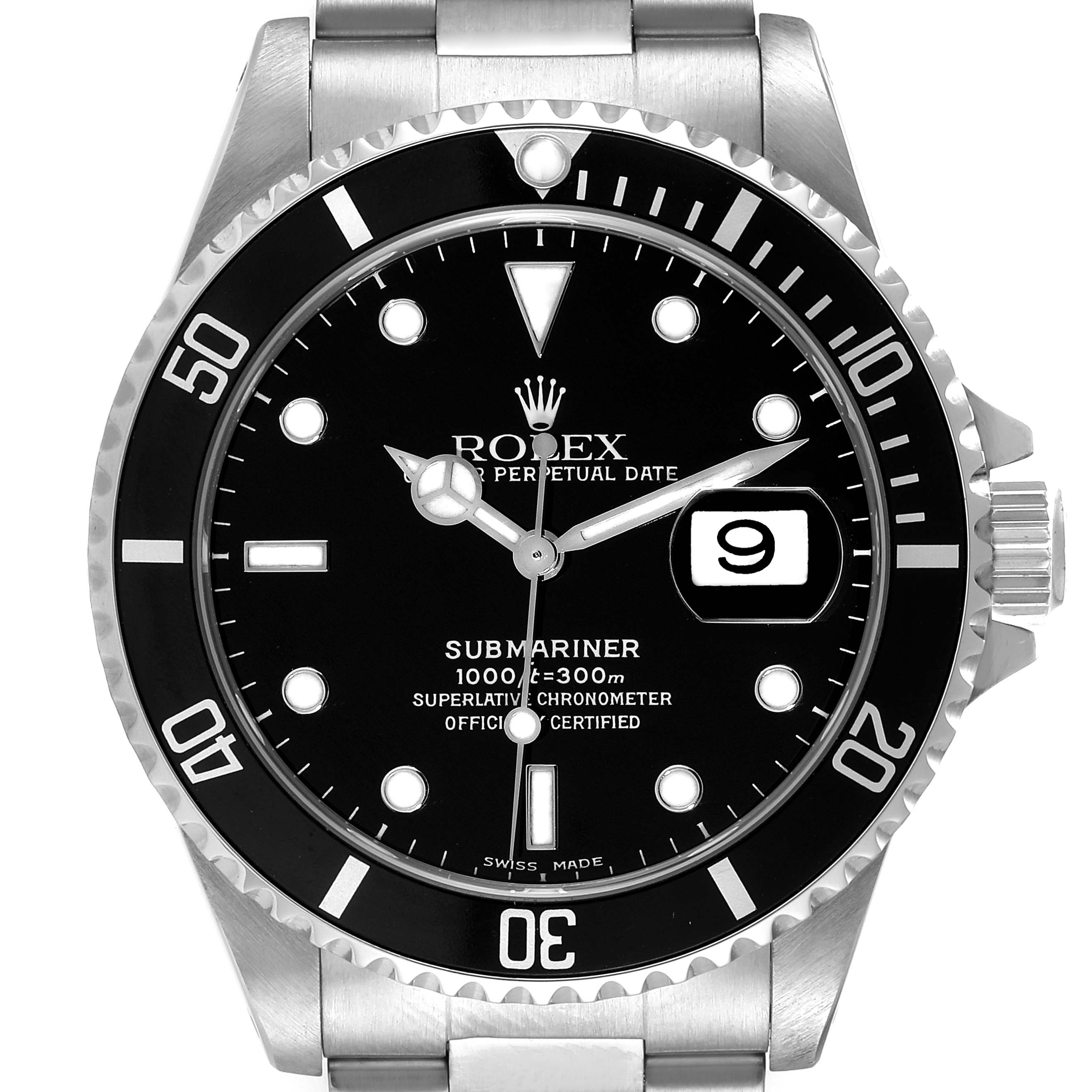 The Rolex Submariner 16610 Men
s Stainless Steel Black Dial 16610 Men
s Stainless Steel Black Dial watch is shown from a front angle, highlighting the dial, bezel, hands, and date window.