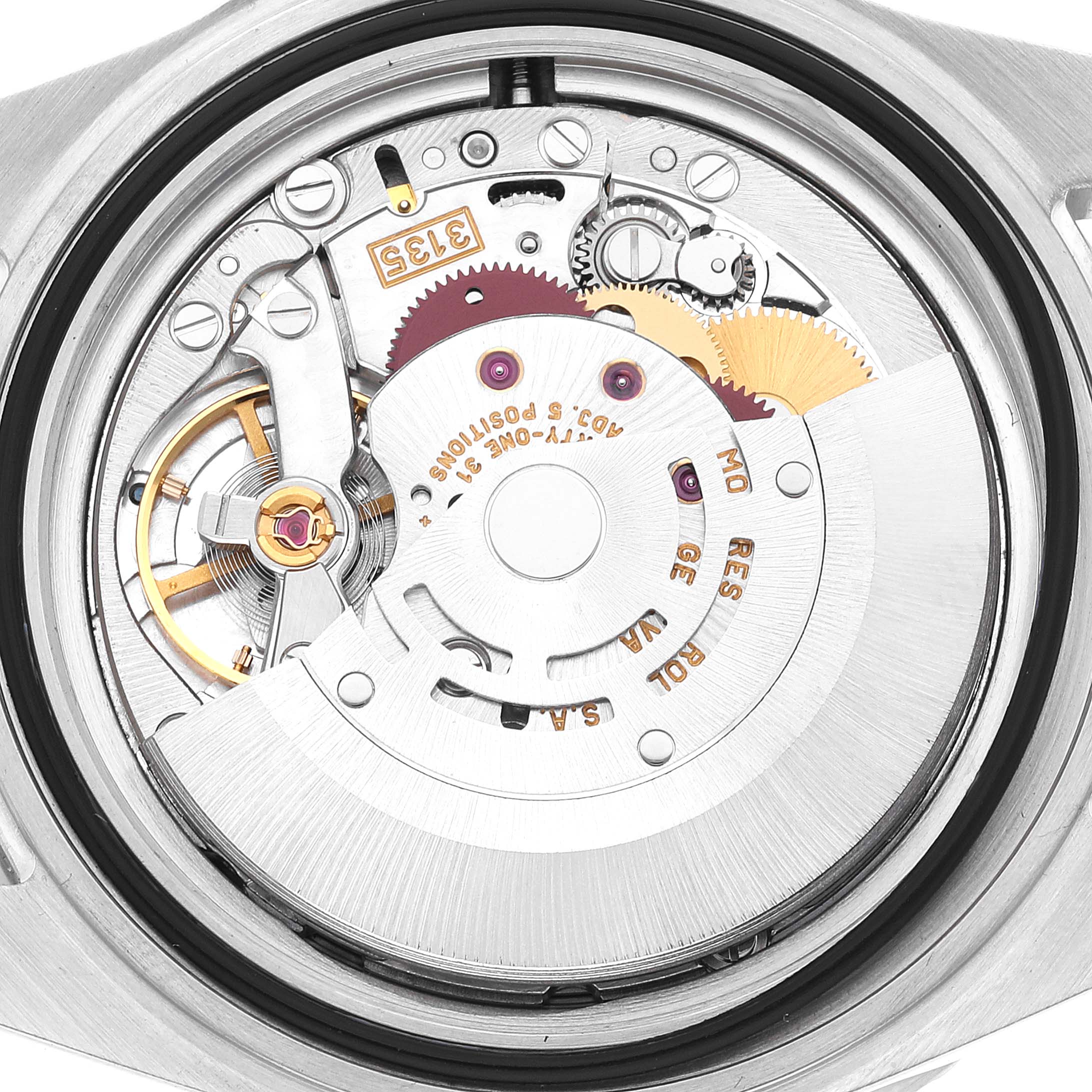 The image shows the internal mechanical movement of a Rolex Submariner 16610 Men
s Stainless Steel Black Dial 16610 Men
s Stainless Steel Black Dial watch, viewed from the back with the case removed.