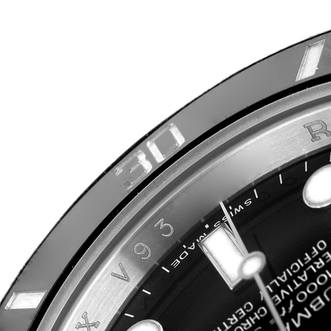 The image shows a close-up of the bezel and part of the dial of a Rolex Submariner 116610 Men's Stainless Steel Black Dial watch, highlighting the "30" marker.