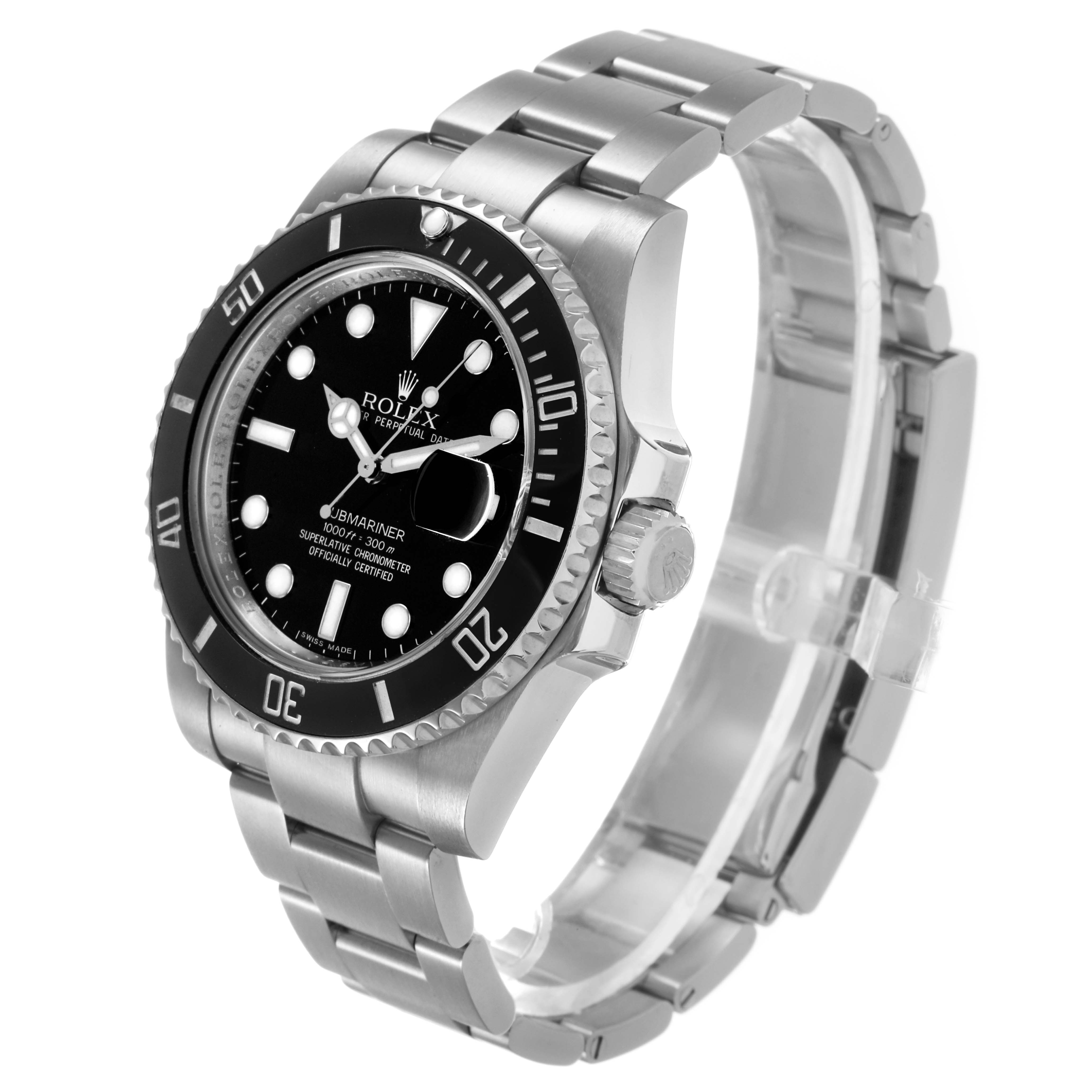 The Rolex Submariner 116610 Men's Stainless Steel Black Dial is shown at a slight angle, displaying the case, dial, bezel, and part of the bracelet.