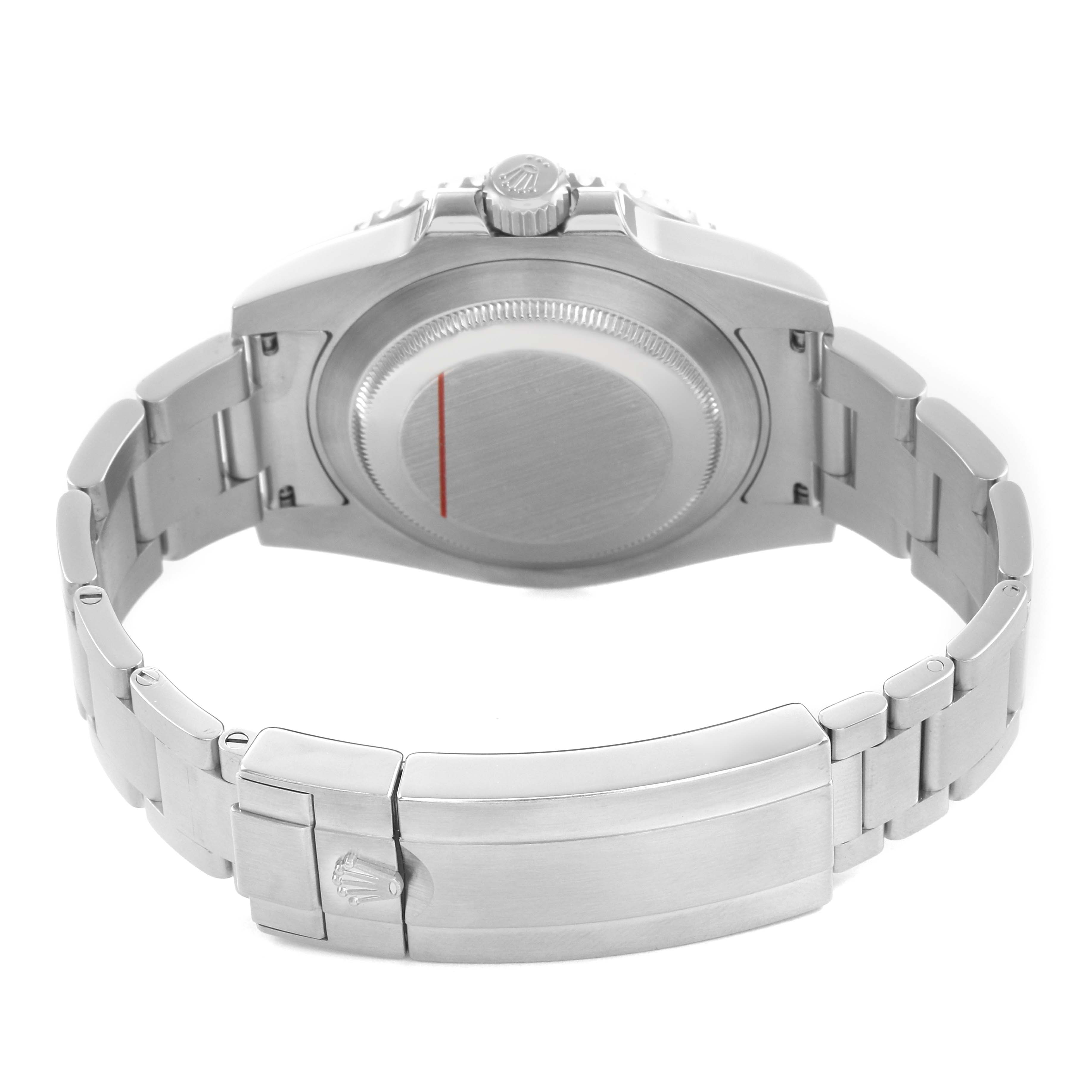 The image shows the back of a Rolex Submariner 116610 Men's Stainless Steel Black Dial watch, including the case back, crown, and bracelet clasp.